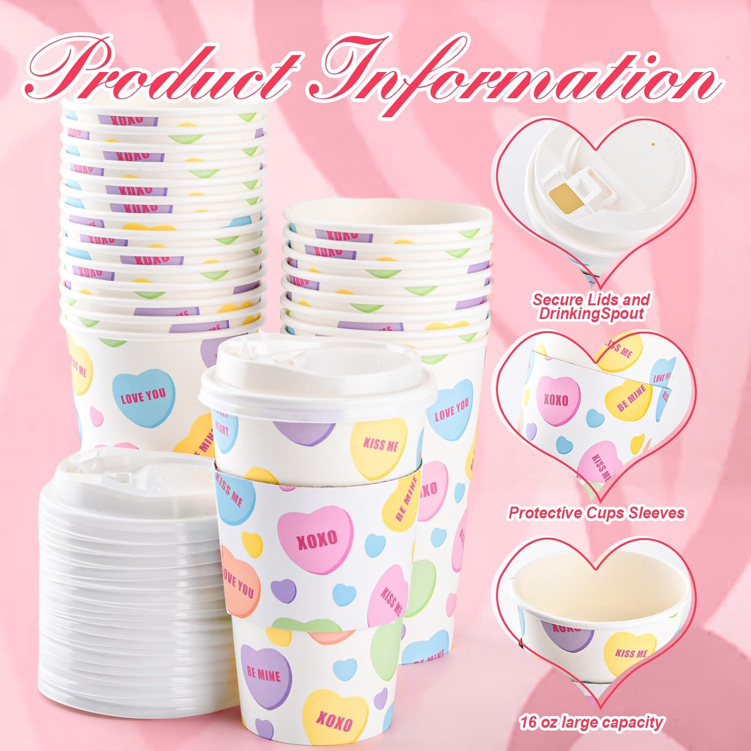 Paquete de 48 tazas de café desechables para el día de San Valentín de 16 onzas con tapas y fundas para conversación con corazones para llevar,