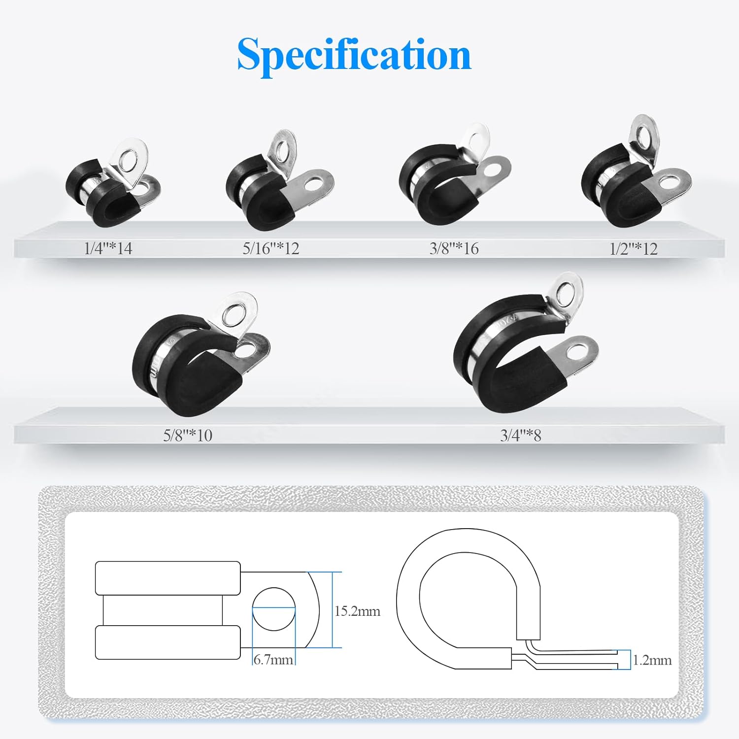 WiseWater Kit surtido de 72 abrazaderas para cables, abrazaderas de tubo acolchadas de goma de acero inoxidable 304, 14 pulgadas, 516 pulgadas, 38