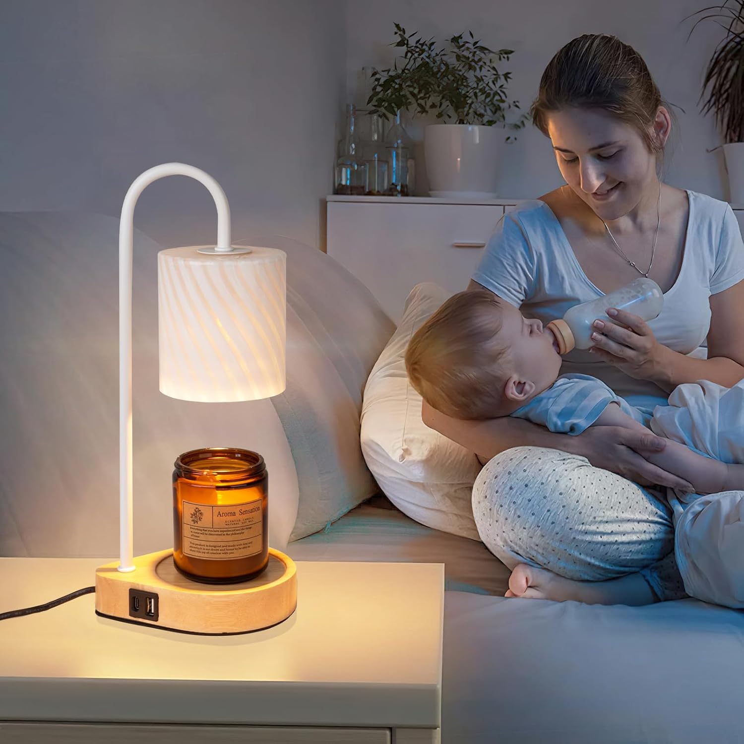 Lámpara eléctrica calentadora de velas con temporizador lámpara fundidora de velas de vidrio blanco roscado con puertos de carga USB y salida de CA,