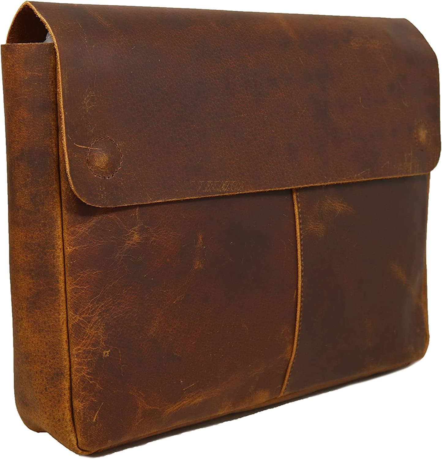 Funda de cuero para laptop, espaciosa, hecha a mano, sin tirantes, diseño desgastado, de grano completo, soporte para documentos perfecto para