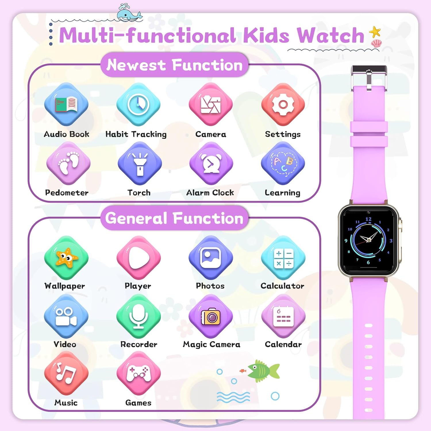 Reloj inteligente para niños, reloj inteligente para niñas y niños de 4 a 12 años con reproductor de música, pantalla táctil HD, 23 juegos, cámara,