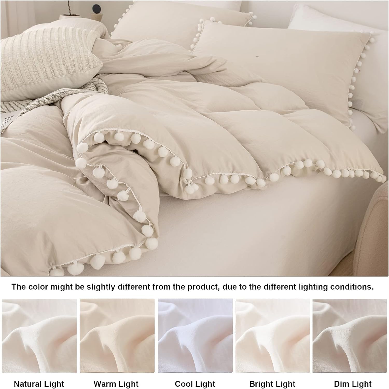 Bedbay Juego de edredón con pompones, color beige, bohemio, juego de ropa de cama para niños y niñas, juego de ropa de cama de microfibra ultra