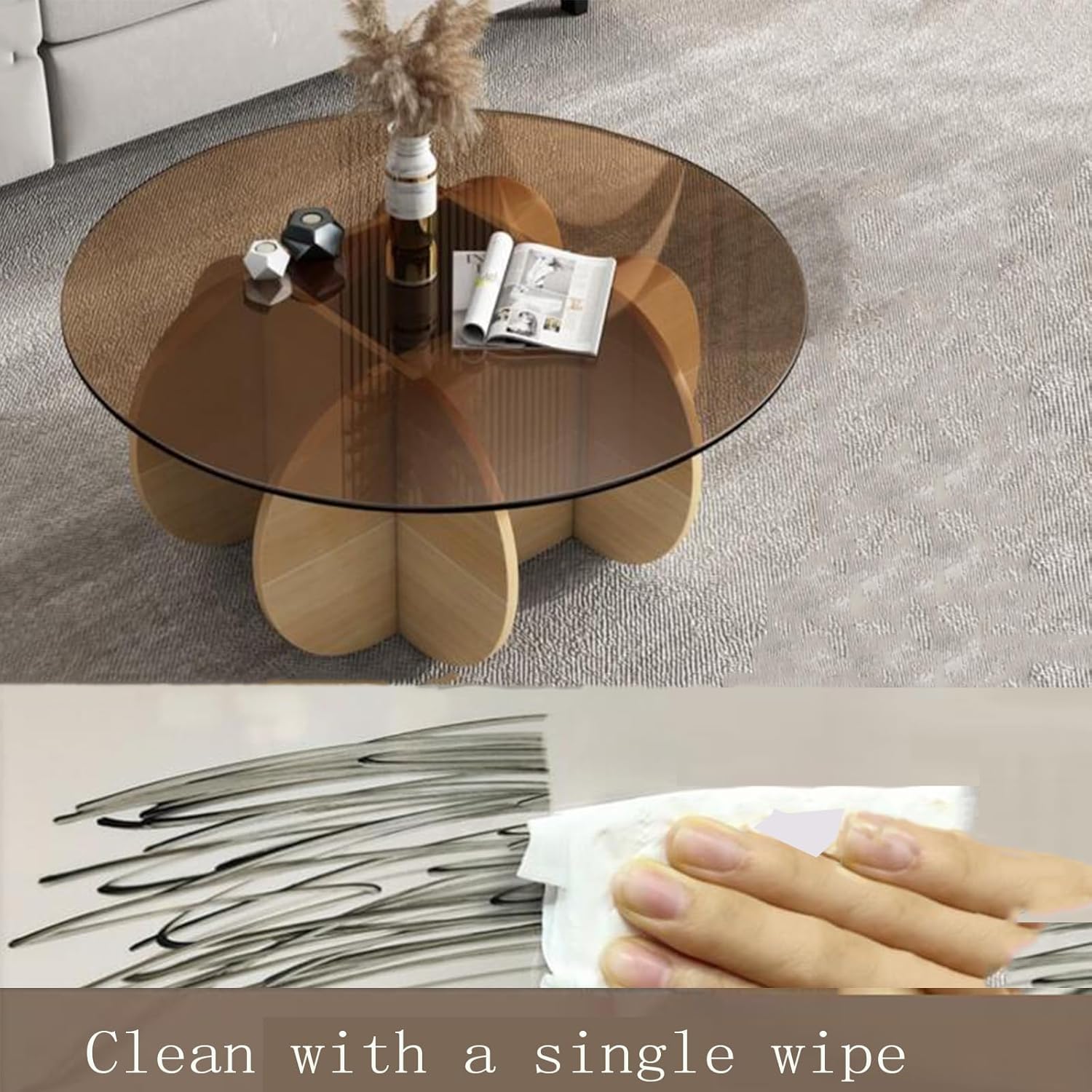 Mesa auxiliar redonda de cristal, base de madera maciza y parte superior de vidrio templado transparente, mesa auxiliar de café, mesa central simple