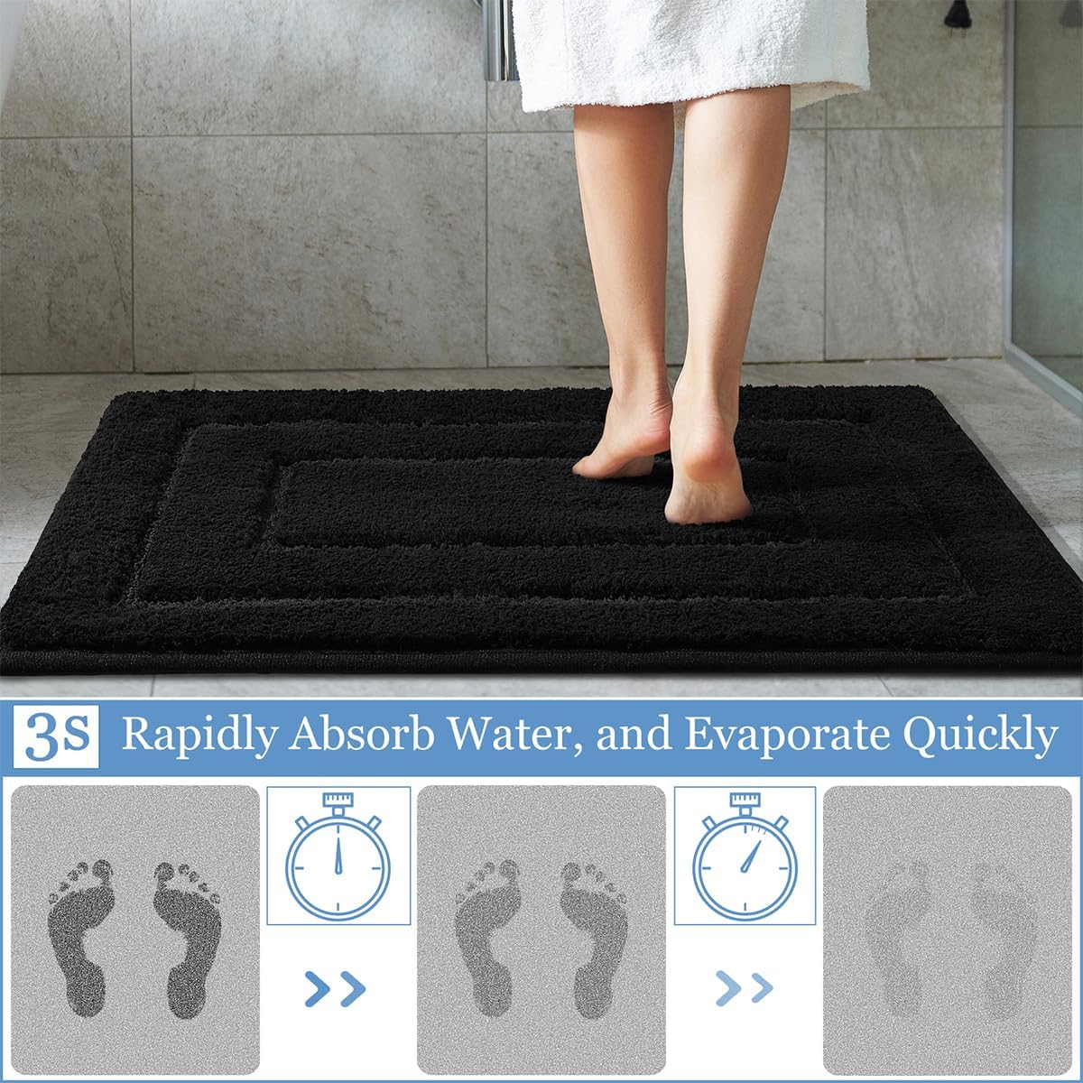 Keeko Alfombra de baño de 24 x 36 pulgadas, suave y absorbente, color negro, alfombra de baño de microfibra, antideslizante, lavable, resistente a
