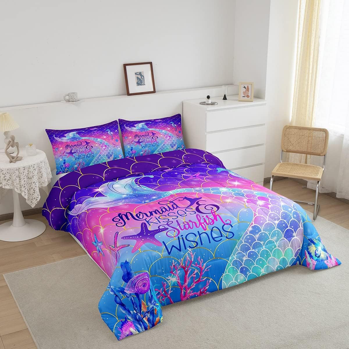 Erosebridal Juego de edredón Queen con escamas de pez, juego de ropa de cama neón con purpurina galaxia pastel para niños y niñas, juego de edredón