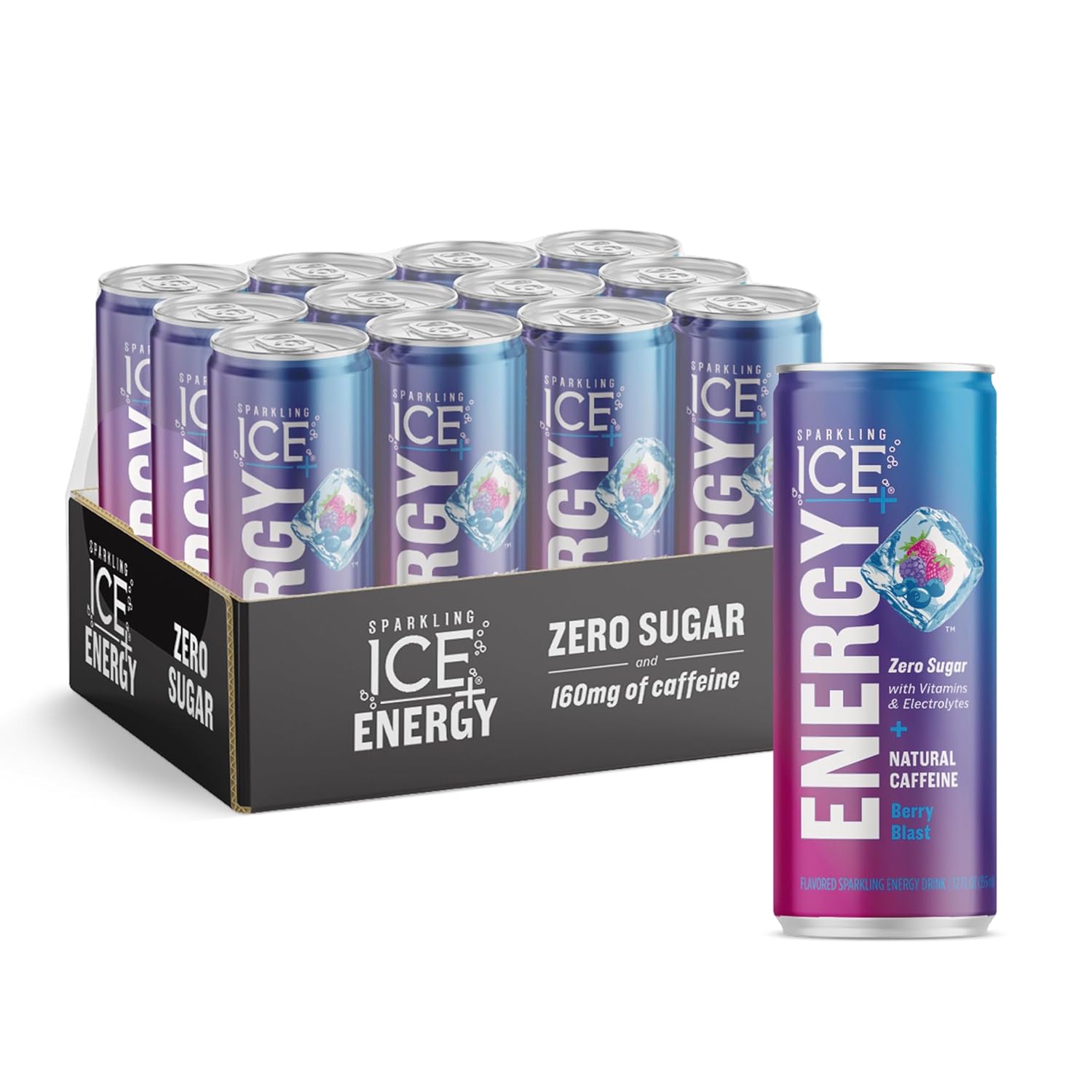 Sparkling Ice +ENERGY – Agua con gas Berry Blast. Bebidas energéticas con vitaminas y electrolitos, cero azúcar, latas de 12 onzas líquidas (paquete