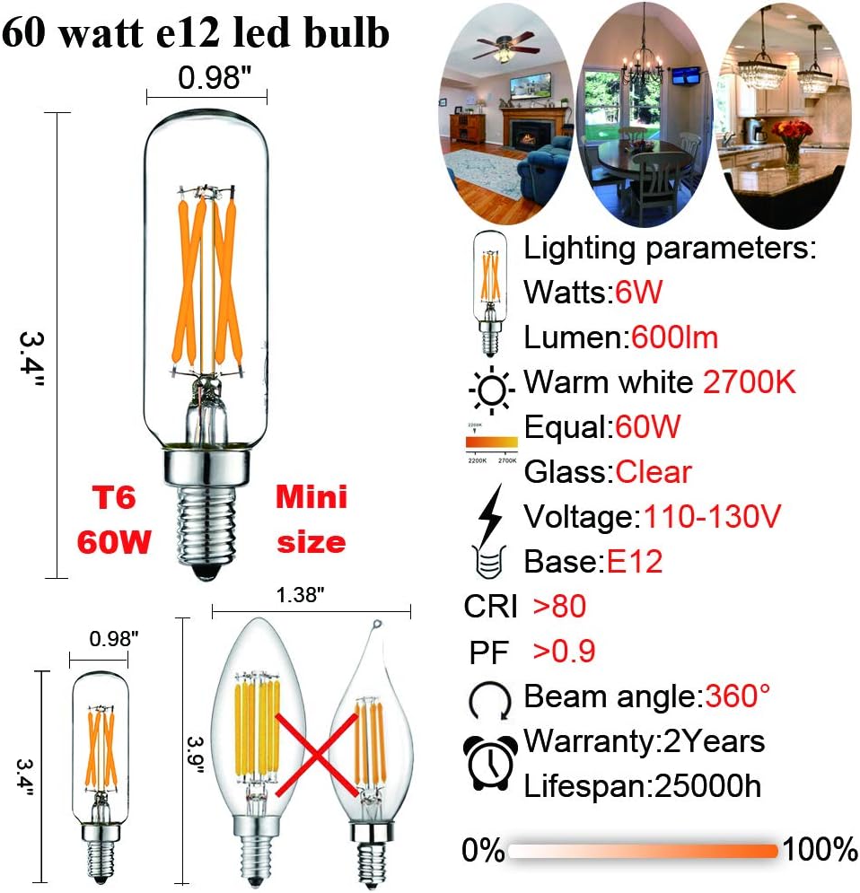 LiteHistory – Bombilla LED T6 regulable (40 W, 2700 K, 400 lm, 4 W, e12 Edison, 6 unidades), transparente, candelabro