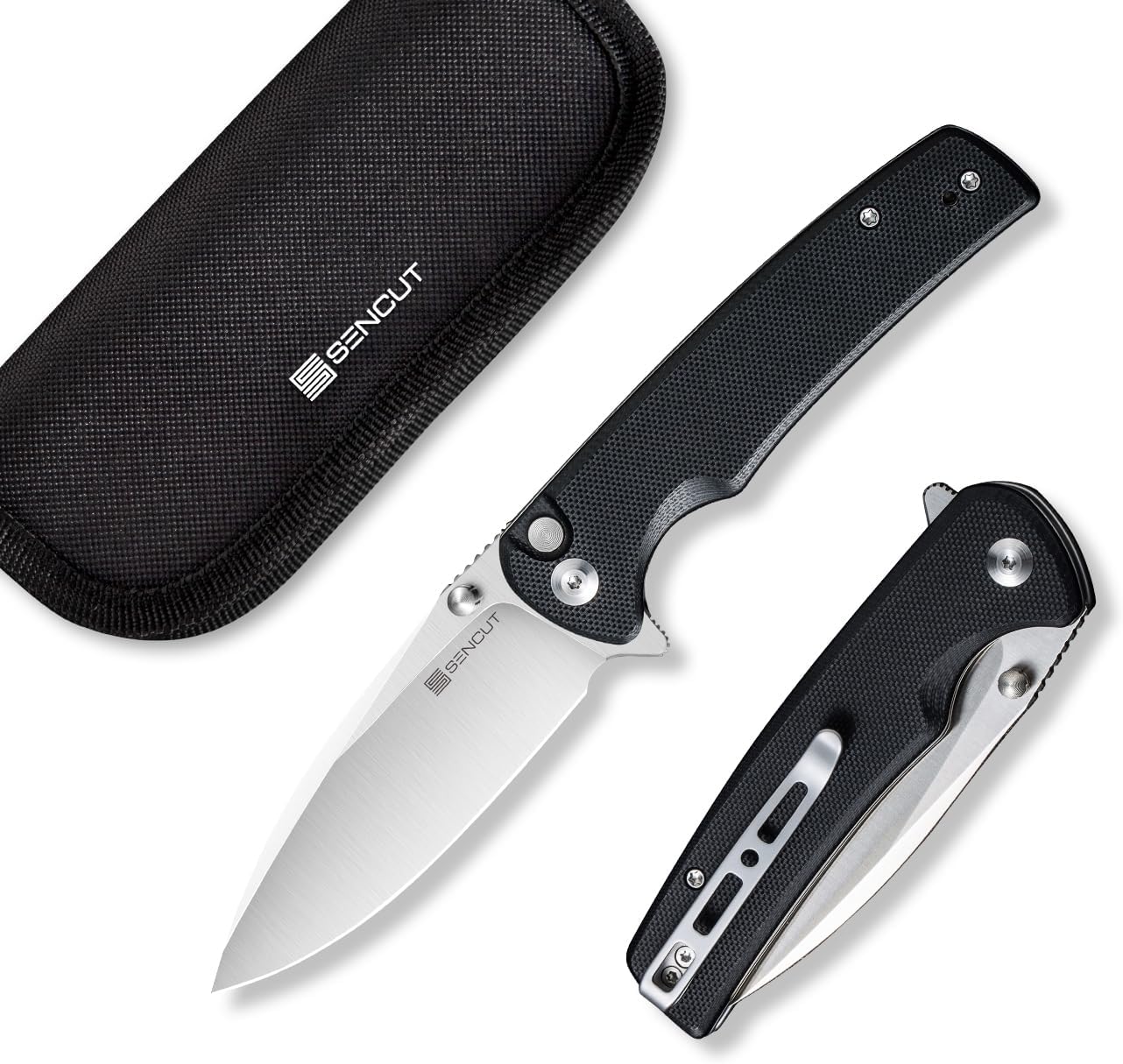 SENCUT Sachse – Cuchillo plegable para EDC, mango negro G10 de satén 9Cr18MoV, cuchillo pequeño plegable con clip, cuchillo de transporte diario
