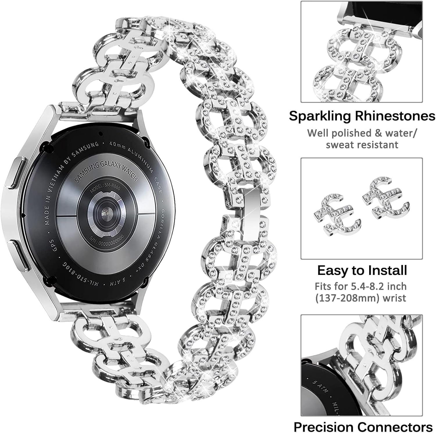 Miimall Correa brillante de 0.77 pulgadas para Samsung Galaxy Watch 6 de 1.571.73 pulgadas, Watch 6 Classic de 1.731.77 pulgadas, correa de metal