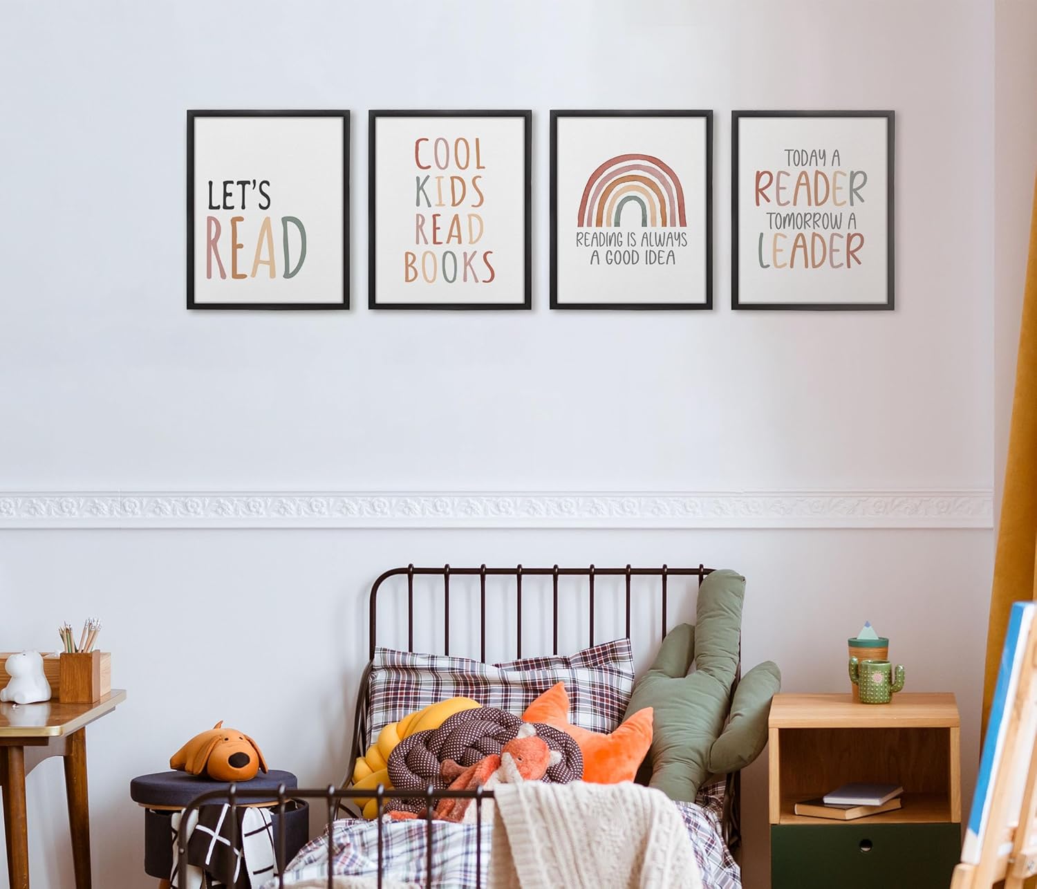 GOXFOC Let’s Read – Juego de 4 impresiones artísticas neutras de arco iris, sin marco, a la moda, bohemio, preppy, para niños, leer libros, pósteres
