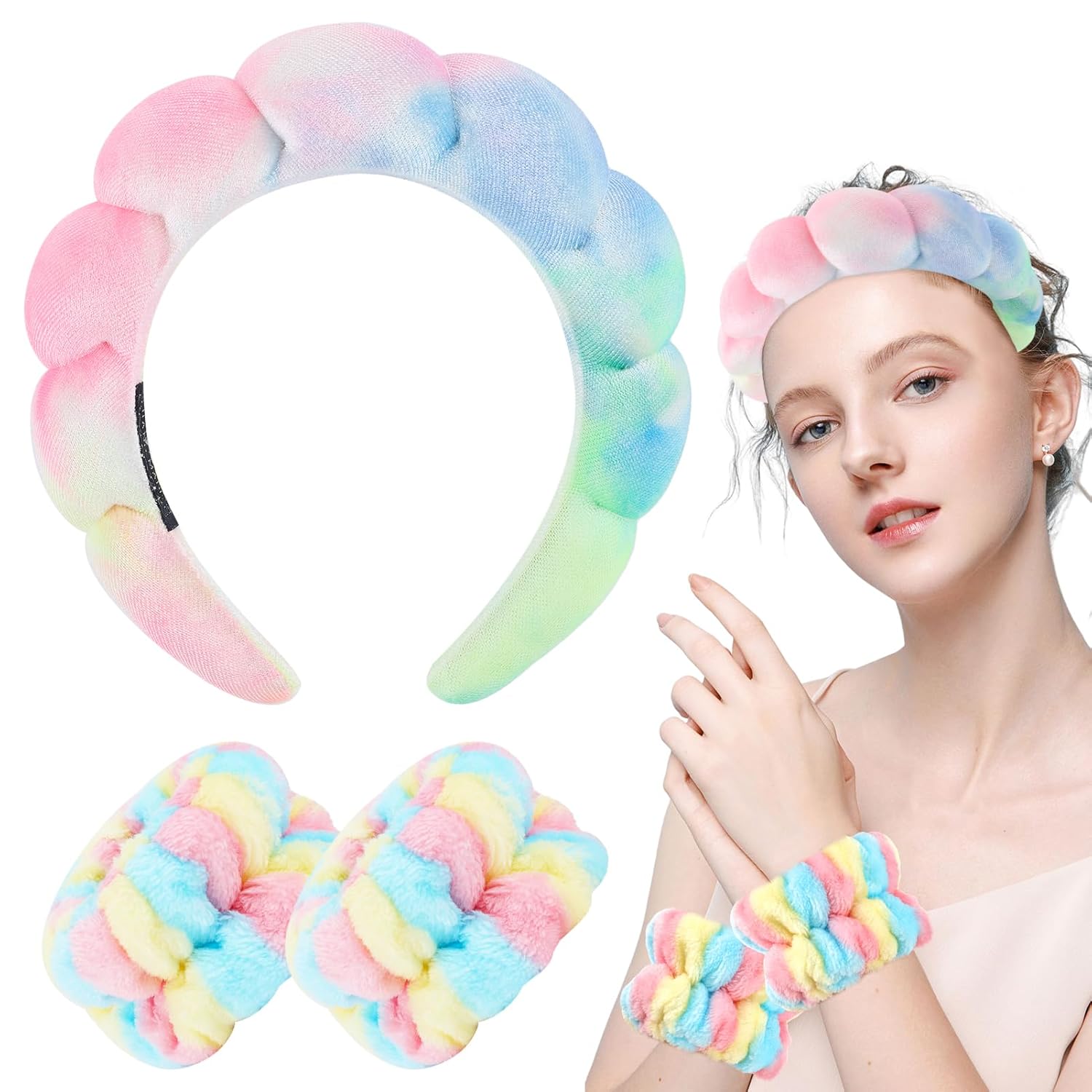 Zkptops Diadema de spa para lavar la cara, juego de esponja, maquillaje, cuidado de la piel, tela de terciopelo con burbujas, suave, para mujeres y