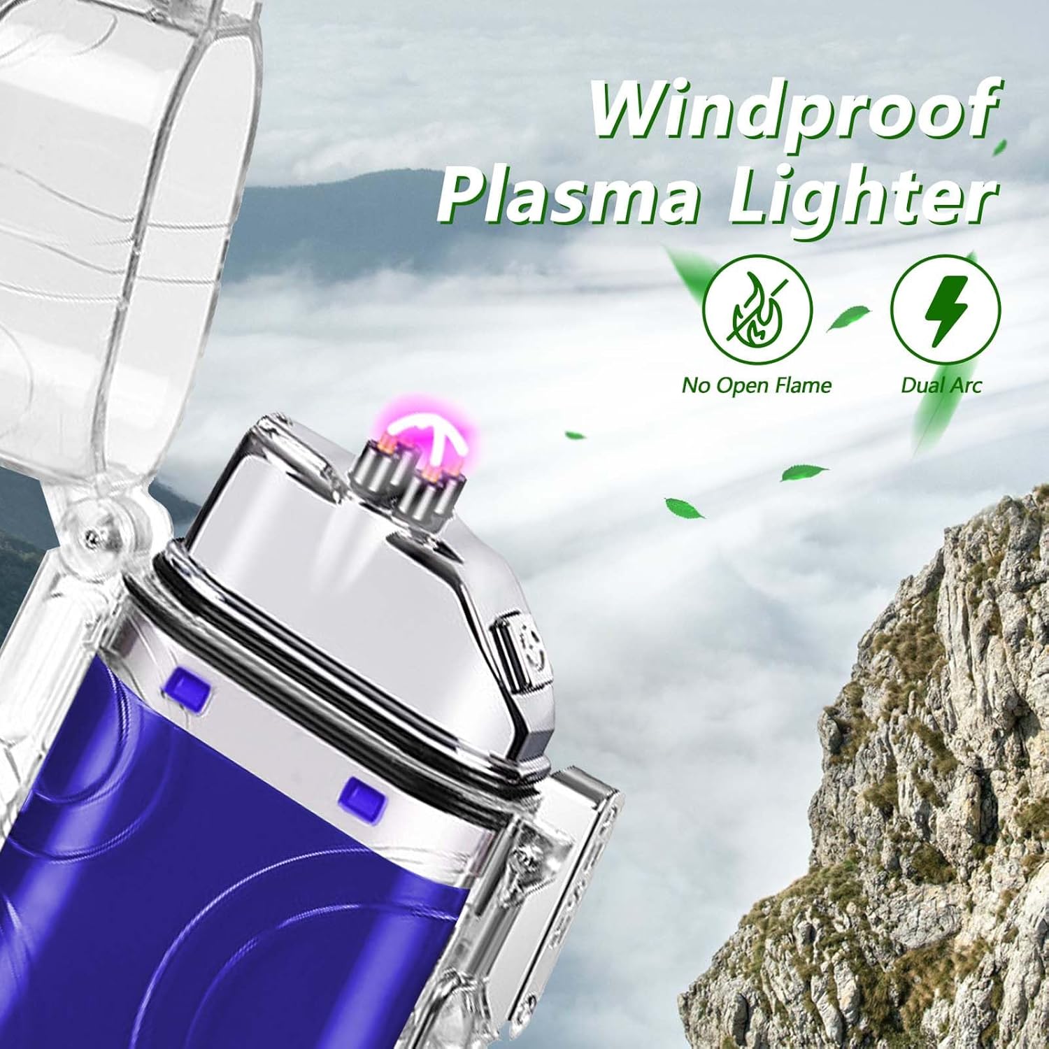 SKRFIRE Encendedor eléctrico transparente, impermeable, encendedor de doble arco con linterna LED, encendedor a prueba de viento, encendedor USB