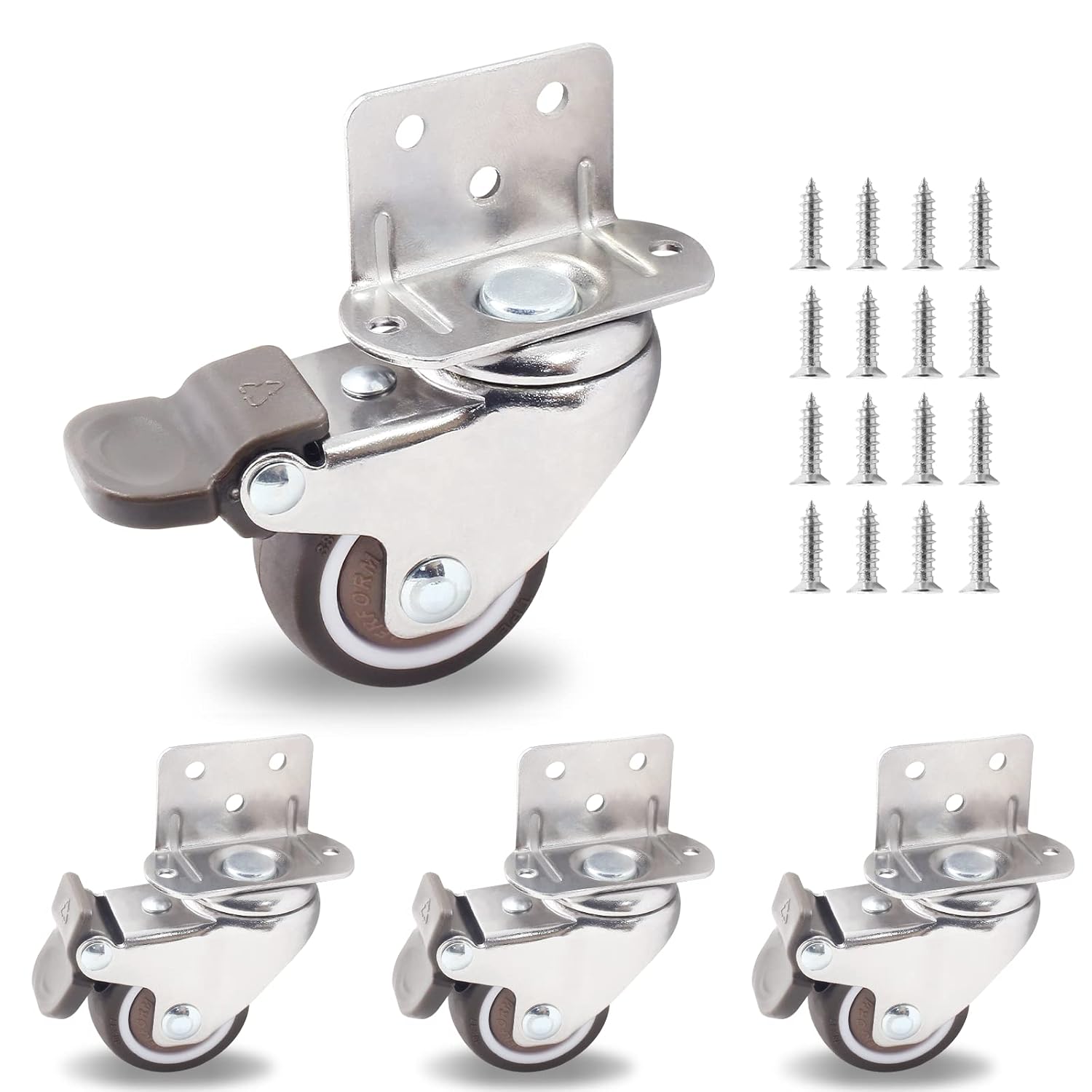 Luomorgo 4 ruedas giratorias en forma de L de 1.5 pulgadas con freno, ruedas silenciosas de goma TPE, repuesto de carcasa de metal para muebles,
