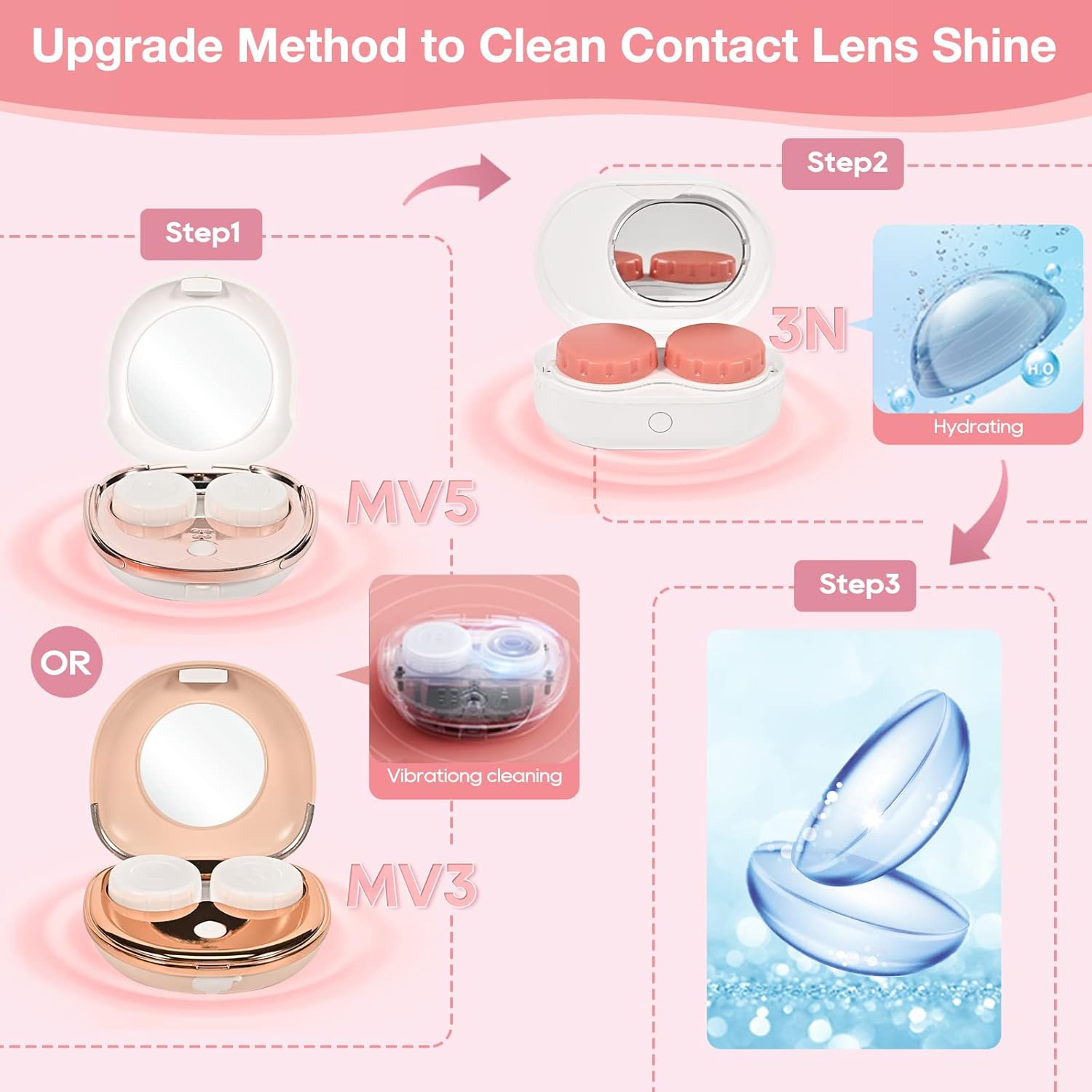 VORDRASSIL Máquina limpiadora ultrasónica de lentes de contacto serie MV3, limpiador de lentes de contacto de peróxido con cargador USB, lente suave