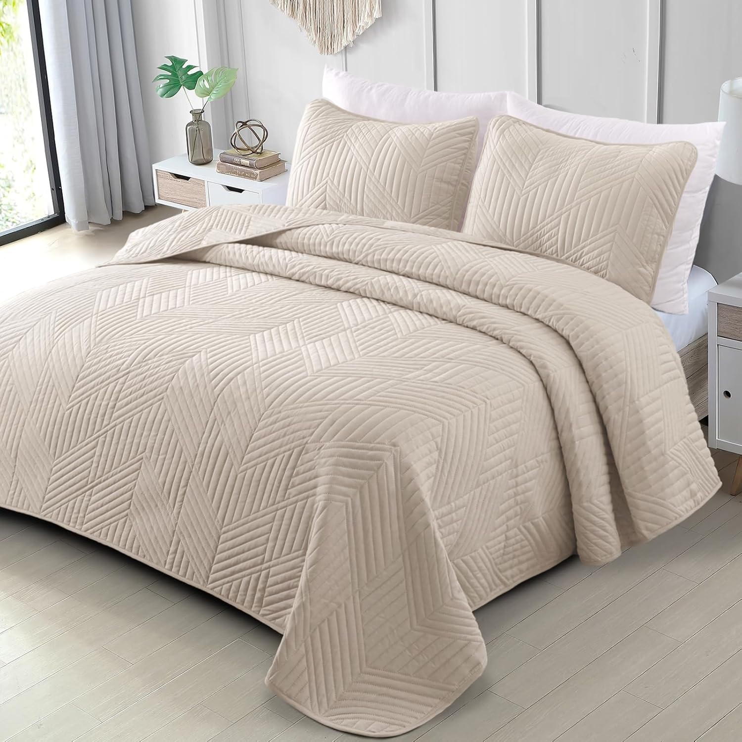 Exclusivo Mezcla Juego de ropa de cama ultrasónica tamaño King, cubrecama ligero beige Brich suave y moderno juego de colcha geométrica para todas