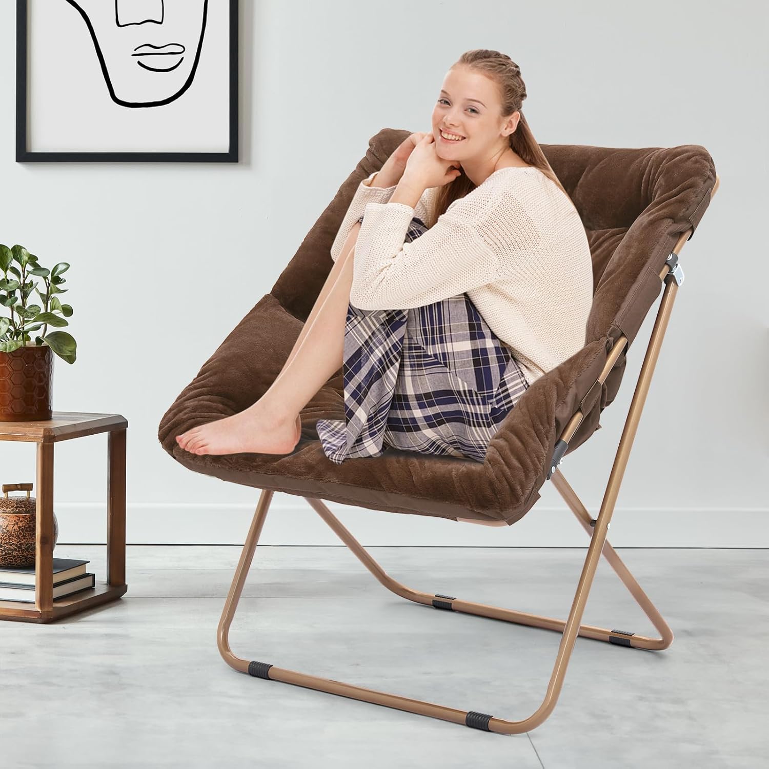 Magshion Silla cuadrada plegable de gran tamaño con platillo de luna para adultos, silla grande y acogedora para dormitorio, color marrón