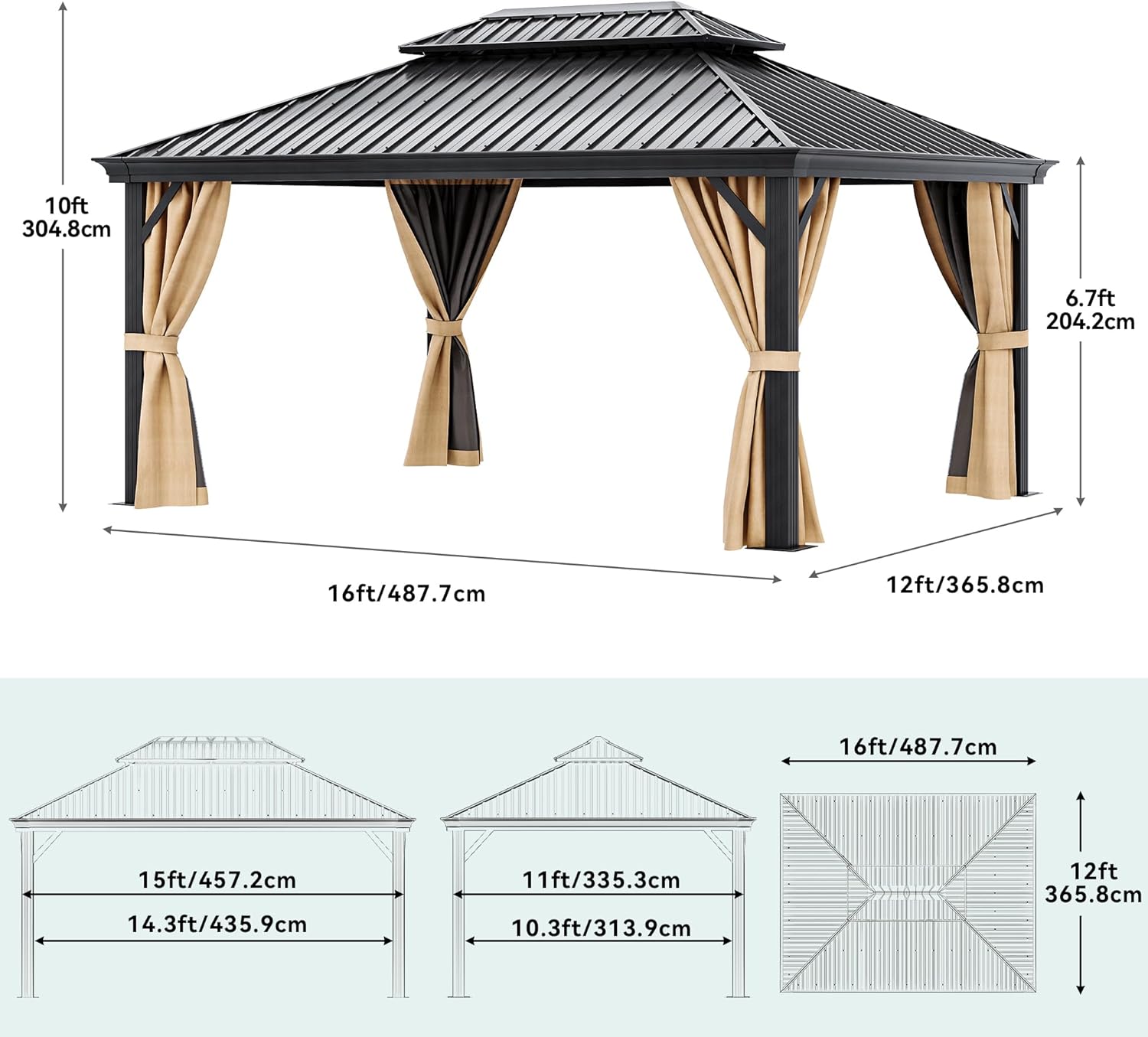 DWVO 12x16ft Hardtop Gazebo Double Roof with Nettings and Curtains, Heavy Duty Galvanized Steel Outdoor Vertical Stripes Roof for Patio, Backyard,