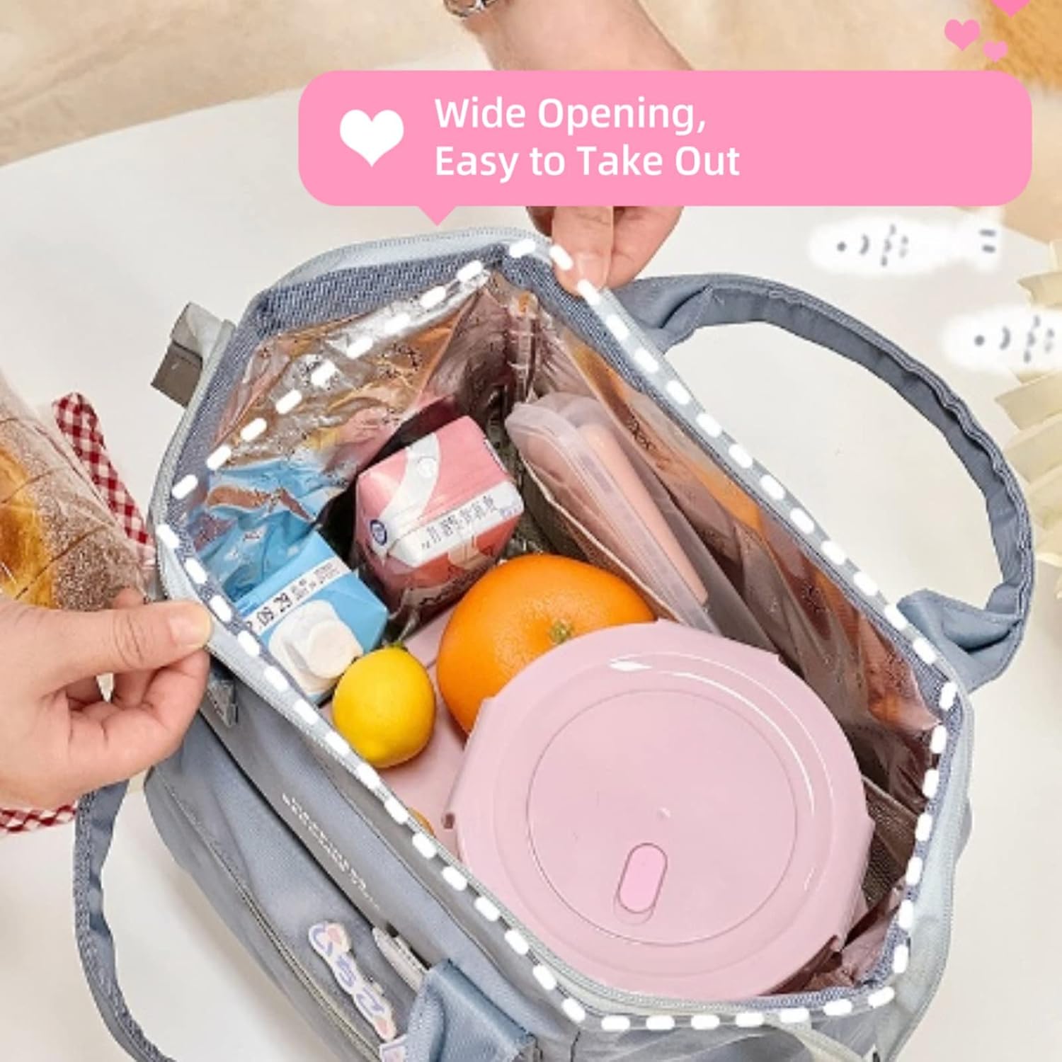 Lonchera kawaii grande para pícnic, bolsa aislada para calientes o fríos, reutilizable, bonita lonchera estética para mujeres (S, azul)