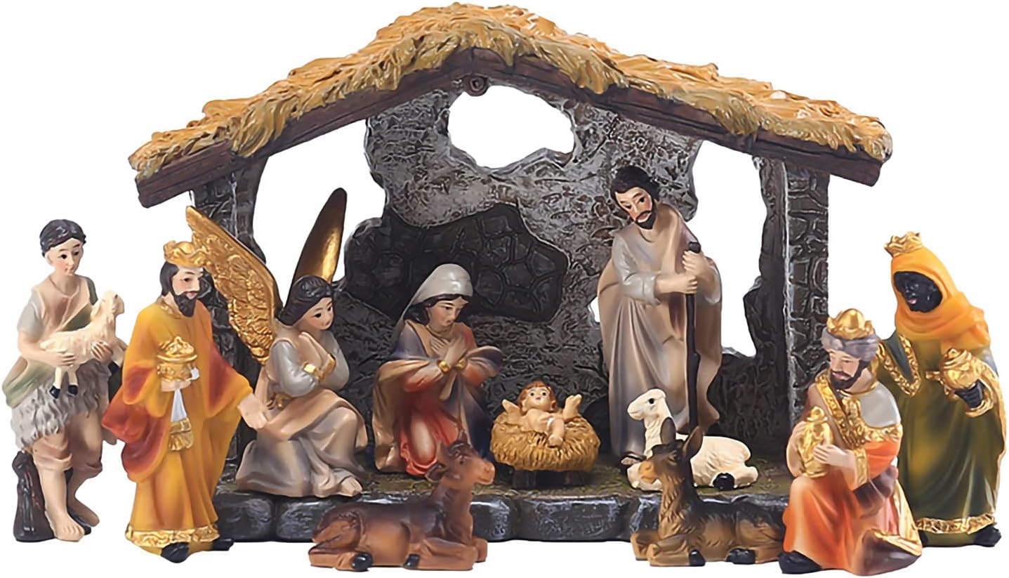 Adornos de grupo de pesebre de Navidad, juego de nacimiento de Jesús para interiores, 12 piezas, estatuas de belén de aldea de Navidad de resina,