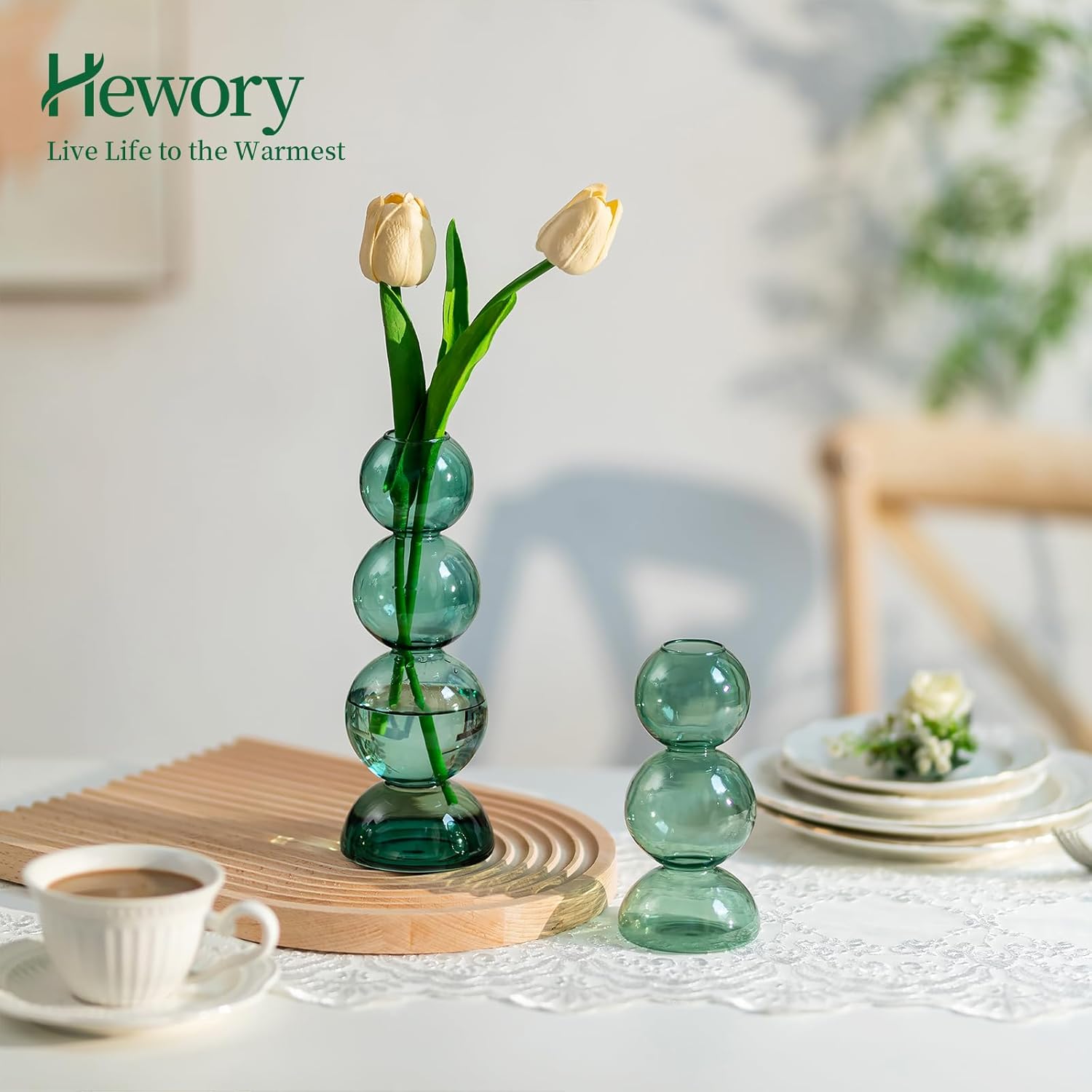 Hewory – Floreros de burbujas de vidrio para flores, 2 piezas, color verde, único, lindo jarrón de flores individuales para centros de mesa, jarrón