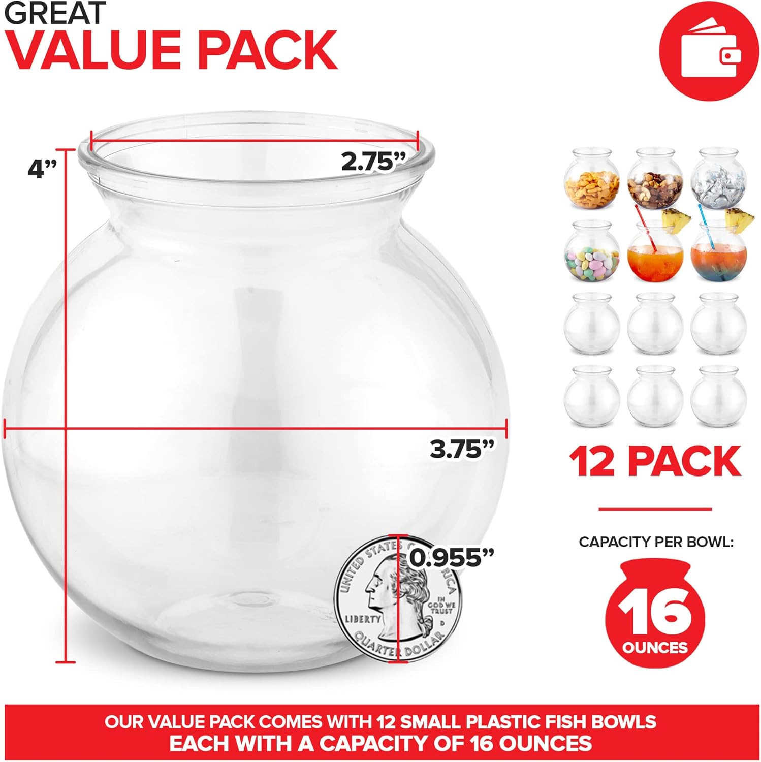 Cuencos pequeños redondos de plástico para fiestas (paquete de 12) mini tazón transparente de 16 onzas, vasos inastillables para bebidas, centros de