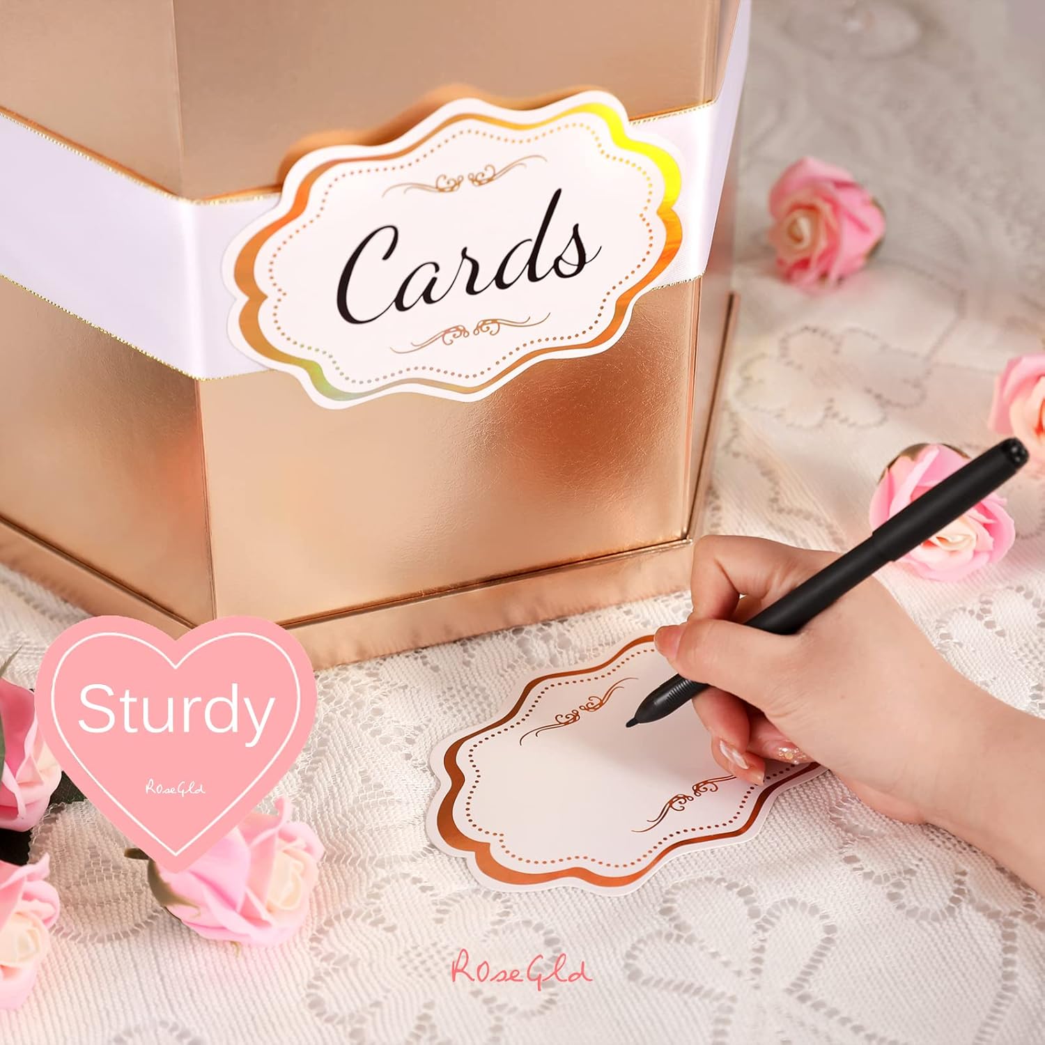 ROSEGLD Caja de tarjetas, caja de recepción de tarjetas con cinta de 14 x 12 x 12 pulgadas, elegante soporte para tarjetas para bodas, graduaciones,