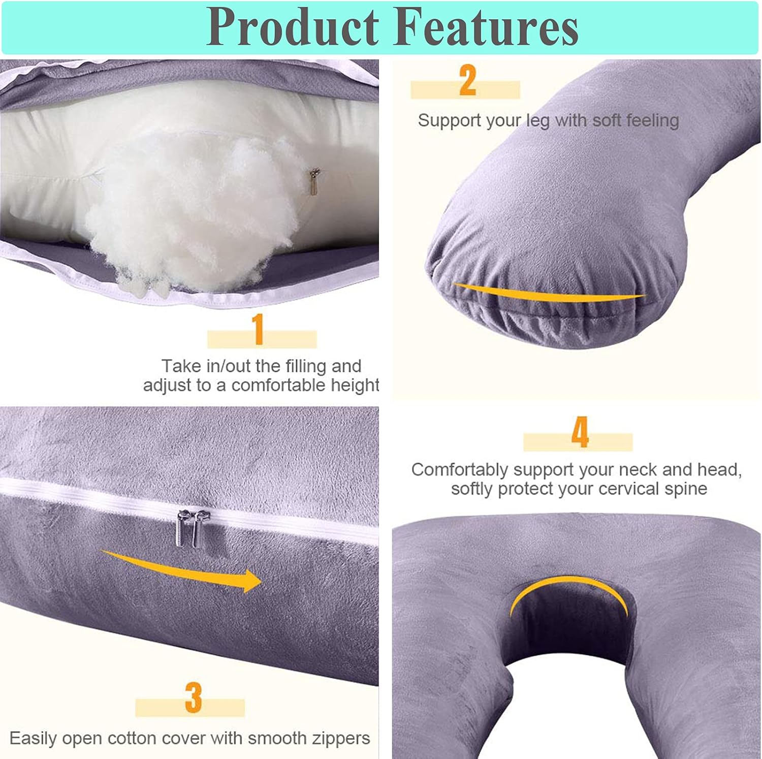 Almohada de embarazo, almohada de cuerpo completo en forma de U con funda extraíble de terciopelo, almohada de cama múltiple de 51 pulgadas,