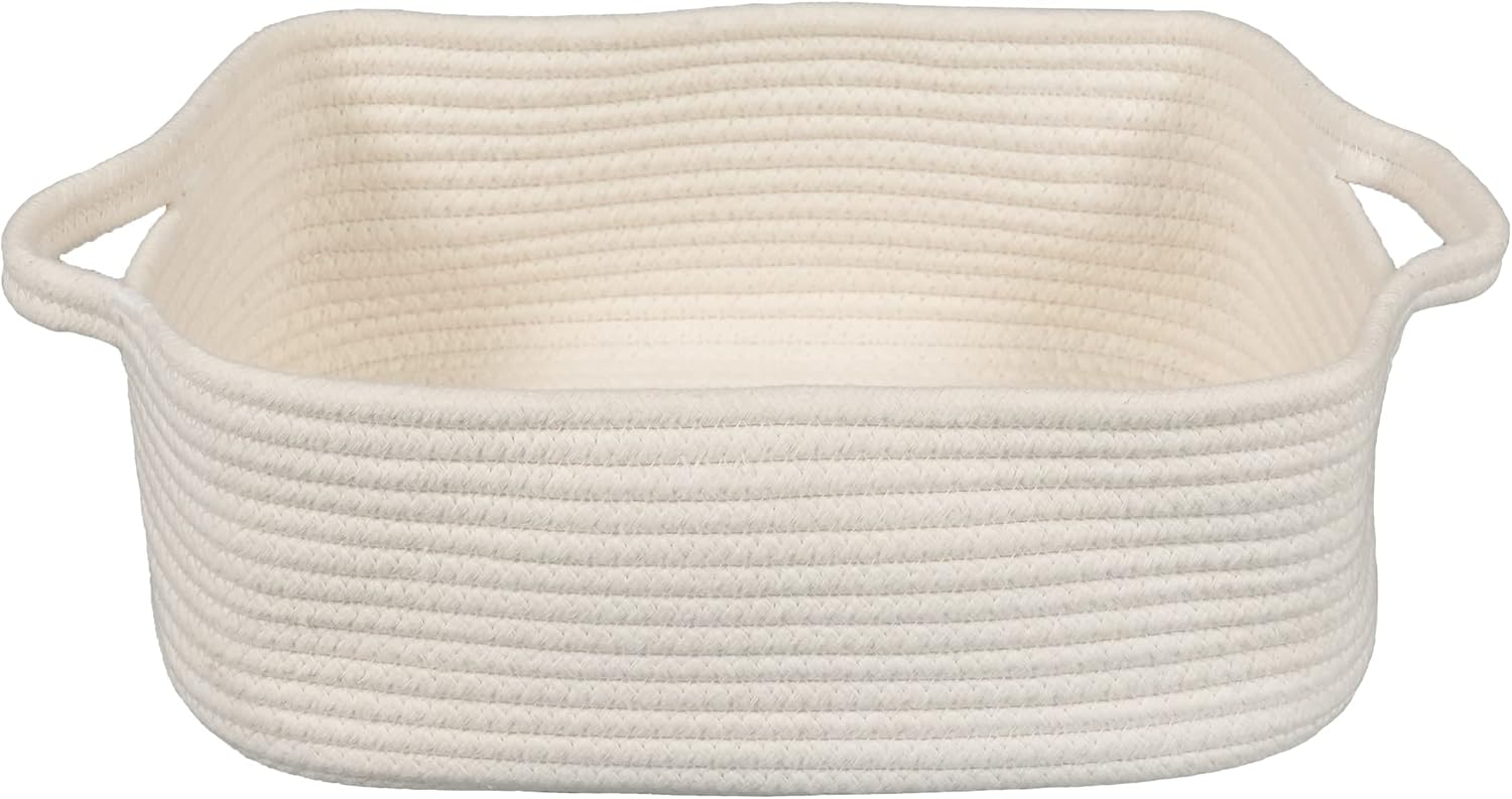 Cesta de almacenamiento de cuerda de algodón tejida con asas para organizar estantes, armario, pequeño, gato, perro, mascotas, juguetes, caja de