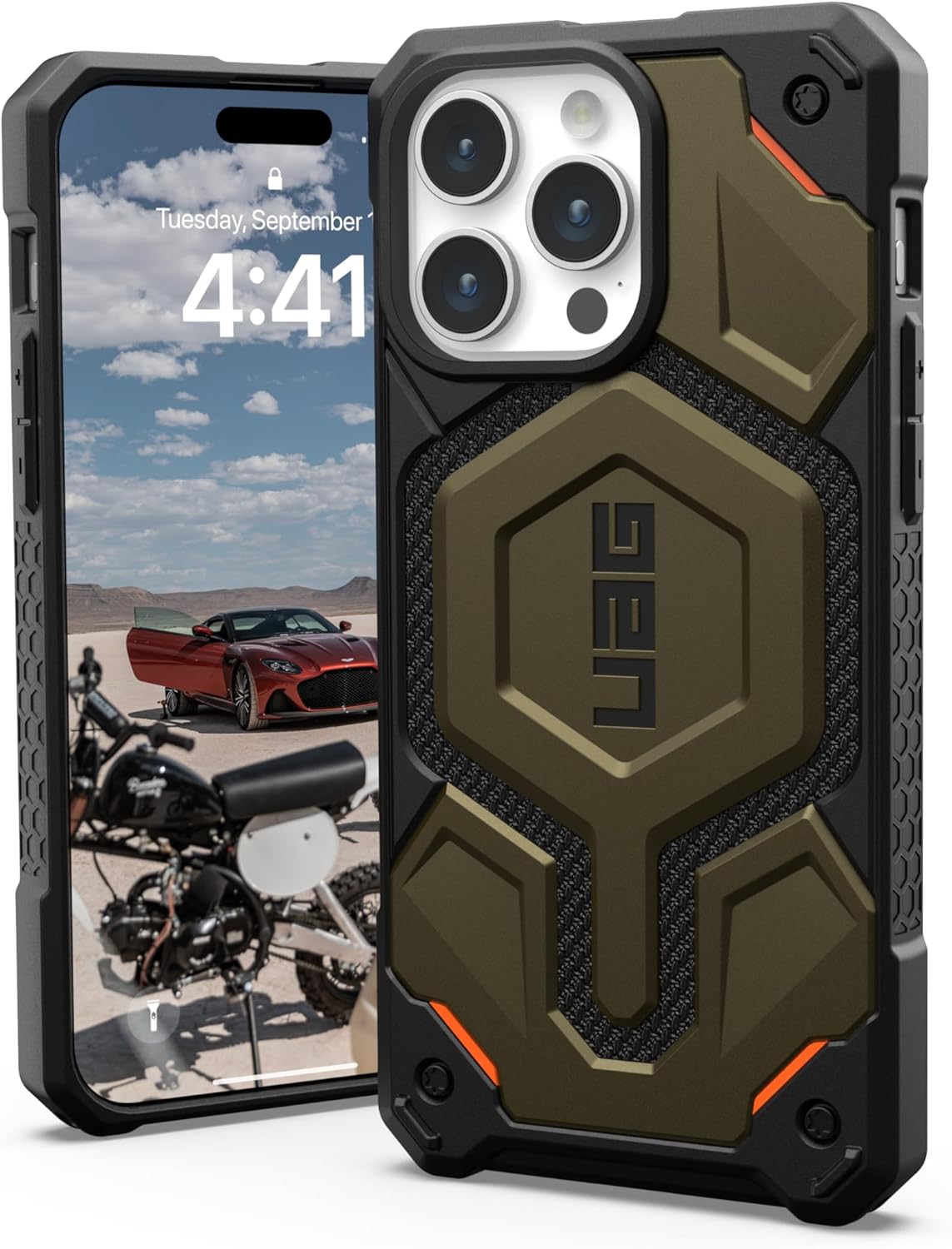 URBAN ARMOR GEAR UAG – Funda diseñada para iPhone 15 Pro Max de 6.7 pulgadas, Monarch Pro Kevlar Element verde, compatible con MagSafe Bundle con