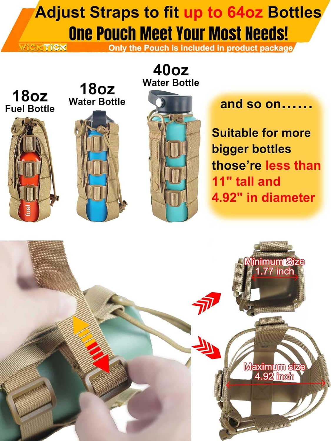 Molle Water Fuel Bottle Holder, Adjustable Tactical Pouch fits up to 1800ml  64oz Bottles, for Outdoor Sports Camping Hiking Riding, mounts to Molle