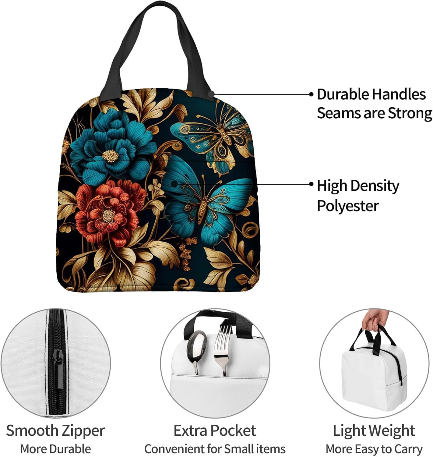 OOZ Lonchera térmica para mujeres y hombres, hermosas flores doradas y mariposas, reutilizable, a prueba de fugas, para el trabajo, oficina, picnic