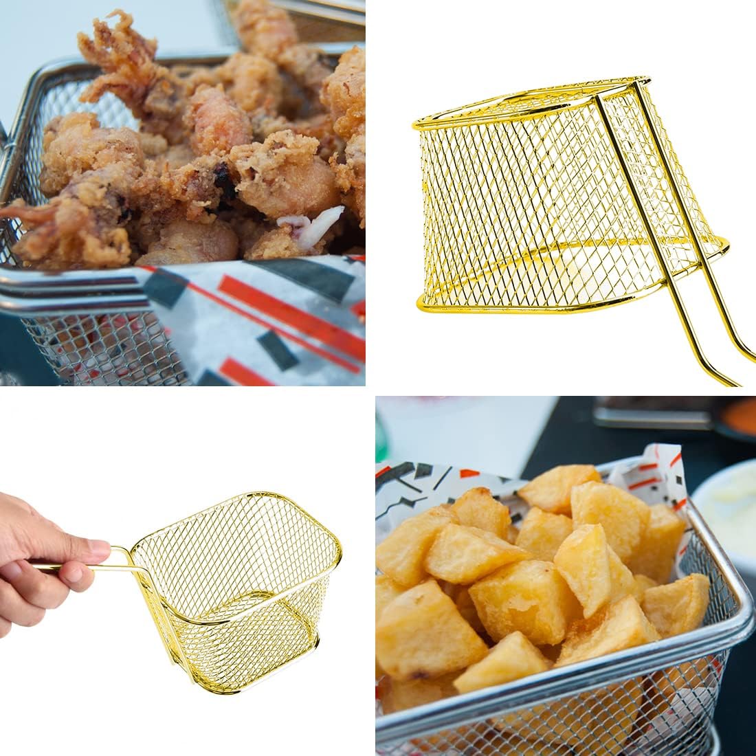 MIIIM 8 cestas cuadradas para papas fritas de 4 pulgadas, cestas de presentación de alimentos fritos con asa soporte para papas fritas para cocina,
