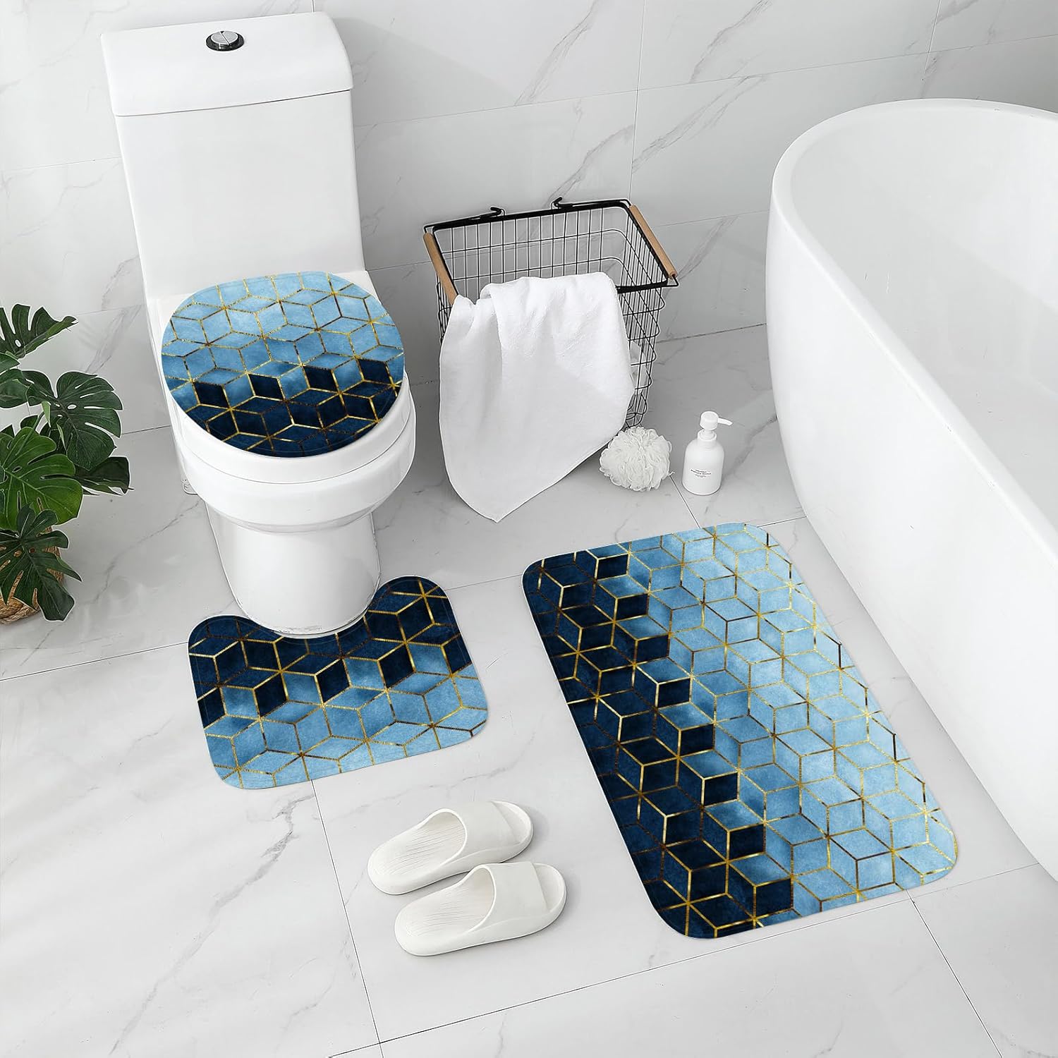 Gibelle Juego de 4 cortinas de ducha de baño con alfombras antideslizantes, cubierta para tapa de inodoro y tapete de baño, líneas cúbicas doradas