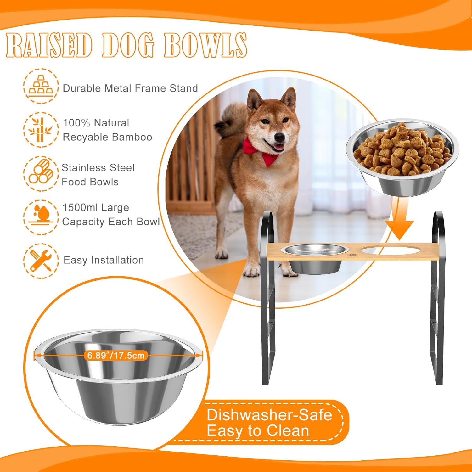 Cuencos elevados para perros, cuencos elevados ajustables para perros con 2 cuencos de acero inoxidable, soporte de bambú para alimentos para