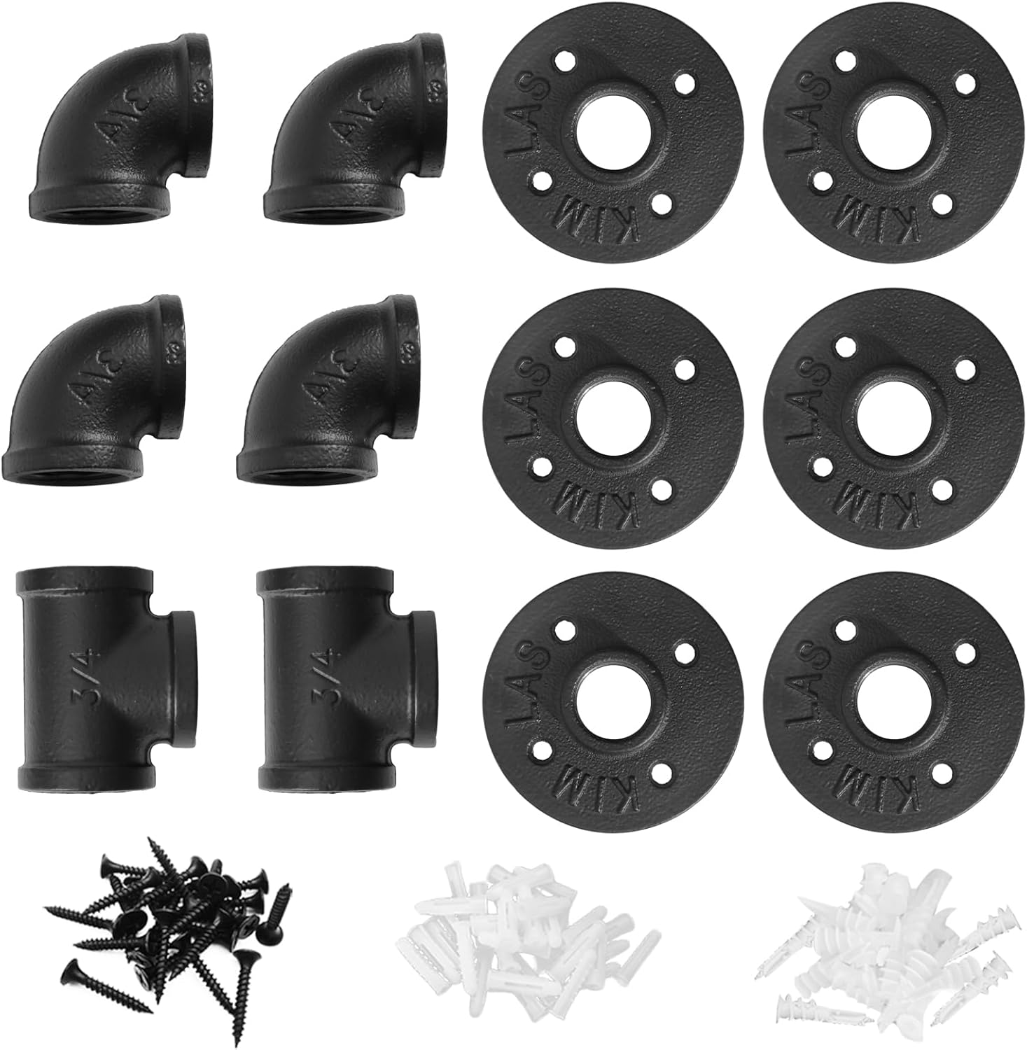 HITOMEN Accesorios de tubería de hierro industrial de 34 pulgadas, 6 bridas, 4 codos, 2 camisetas, accesorios de metal resistentes para proyectos de