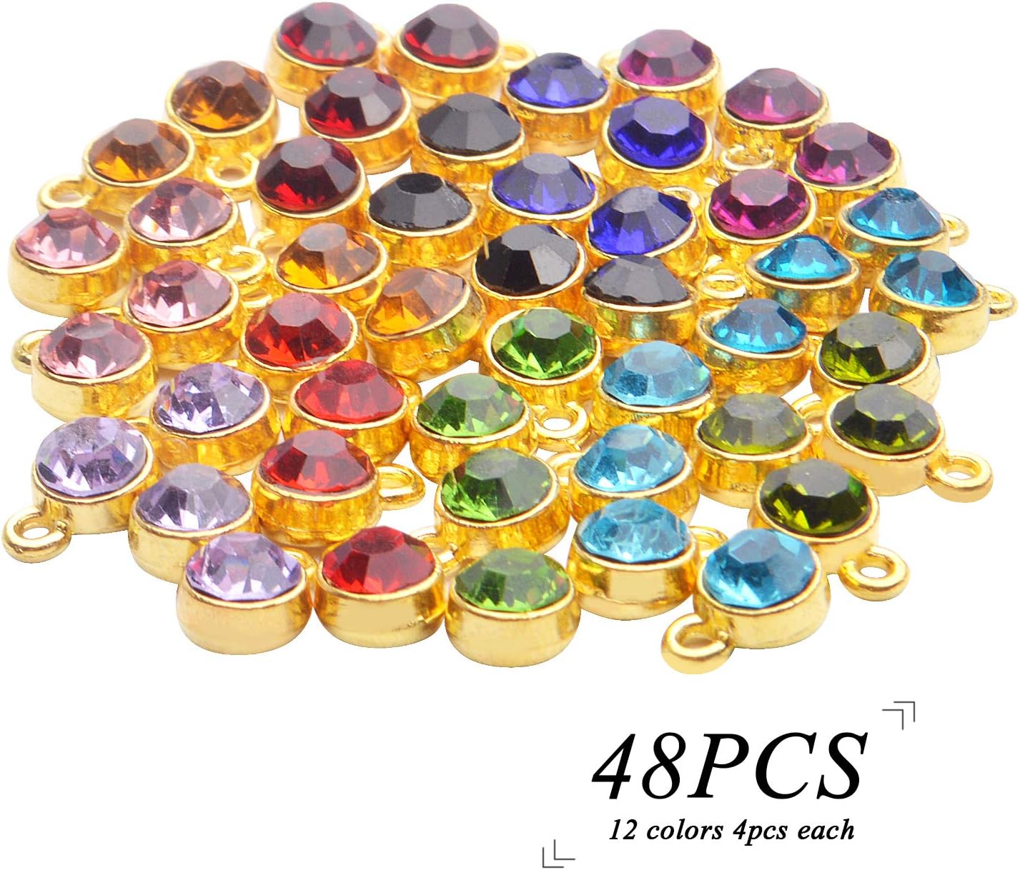Aylifu Dijes de piedra natal de cristal, 48 piezas de dijes de piedra natal de cristal, cuentas redondas con anillos, dije de cristal hecho a mano