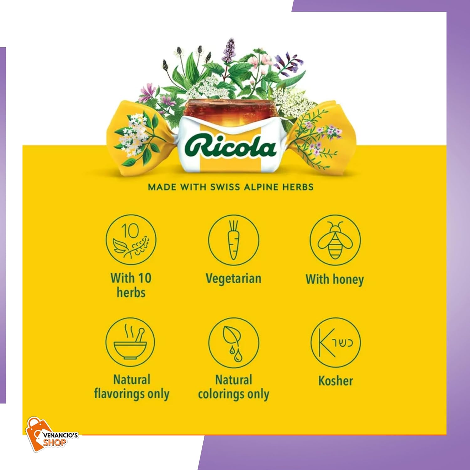 Ricola – Gotas para la tos, alivio calmante para el dolor de garganta seca, 19 unidades + incluye adhesivo Venancio’sBox (cerezo, paquete de 2)