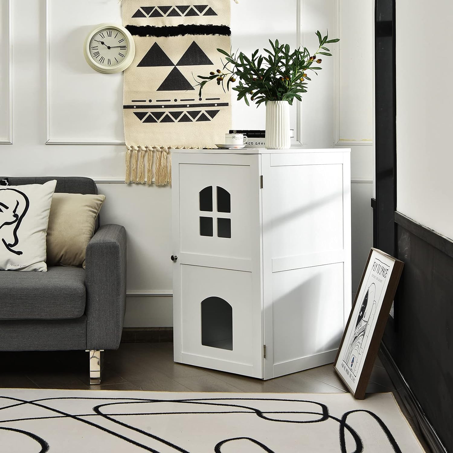 Tangkula Caja de arena para gatos, casa decorativa para gatos de 2 niveles con 2 ventanas ventiladas, mesita de noche interior, casa para mascotas,