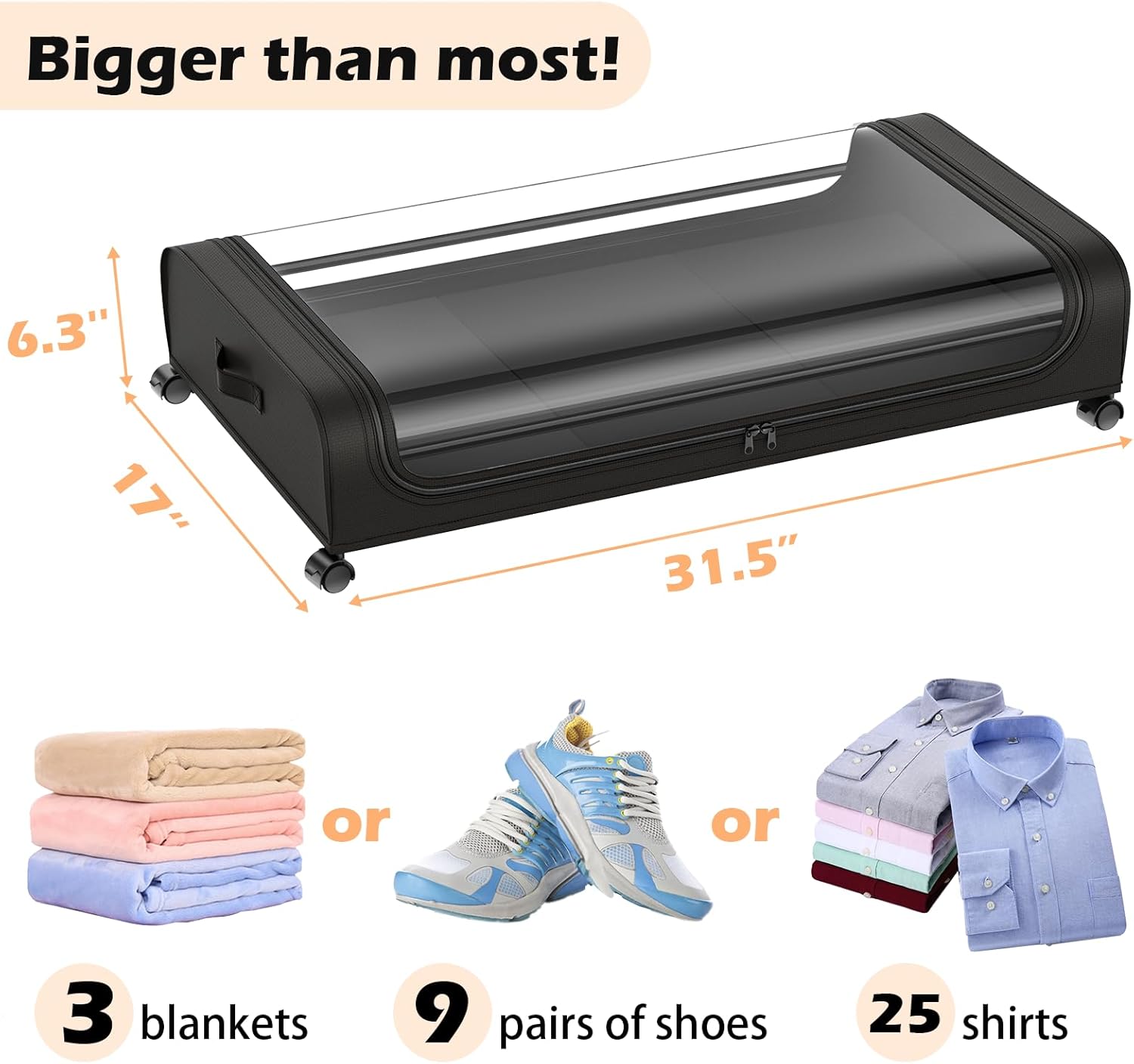 Cajón de almacenamiento debajo de la cama con ruedas y tapa, organizador grande de almacenamiento de zapatos debajo de la cama de 48 litros,