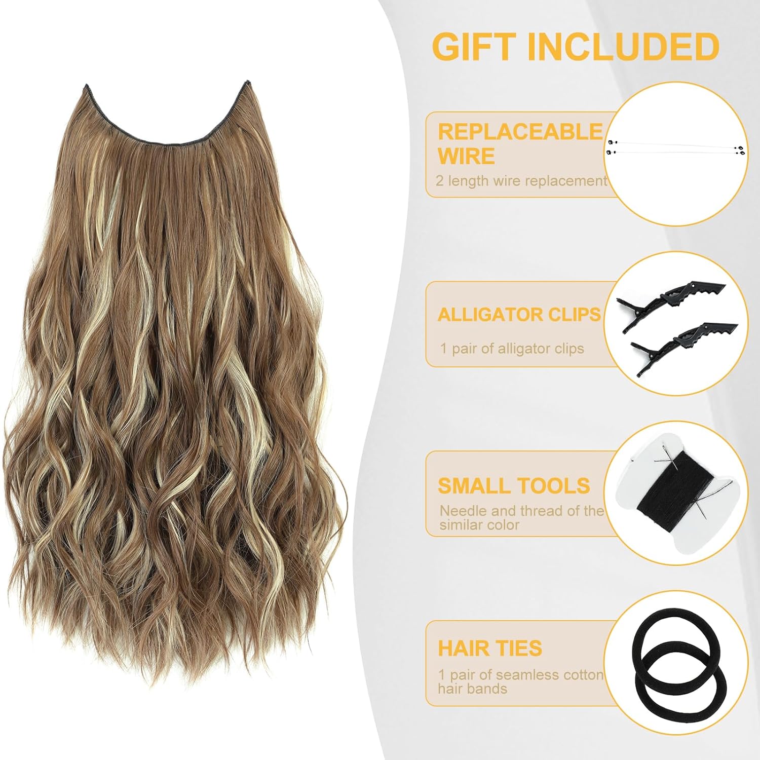 Extensiones de cabello con alambre invisible de 20 pulgadas, extensiones sintéticas de alambre transparente ajustable, 4 extensiones de cabello