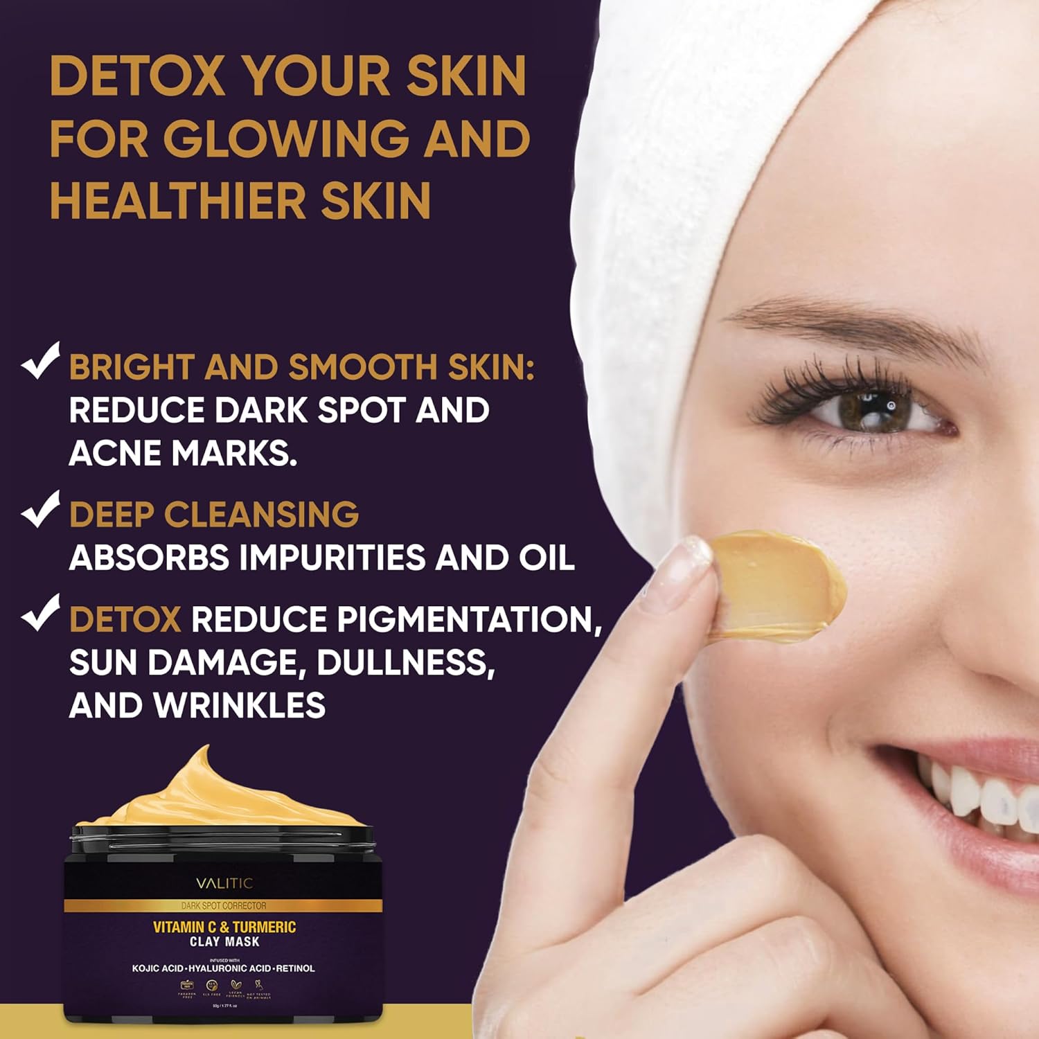 VALITIC Máscara de vitamina C y arcilla de cúrcuma, corrector de manchas oscuras con ácido kójico, ácido hialurónico y retinol, rutina de cuidado de