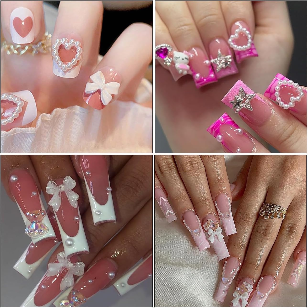 900 dijes de uñas 3D de múltiples formas blancas y perlas de parte trasera plana, perlas huecas, estrellas, arco, corazón, estrella, luna, dijes de