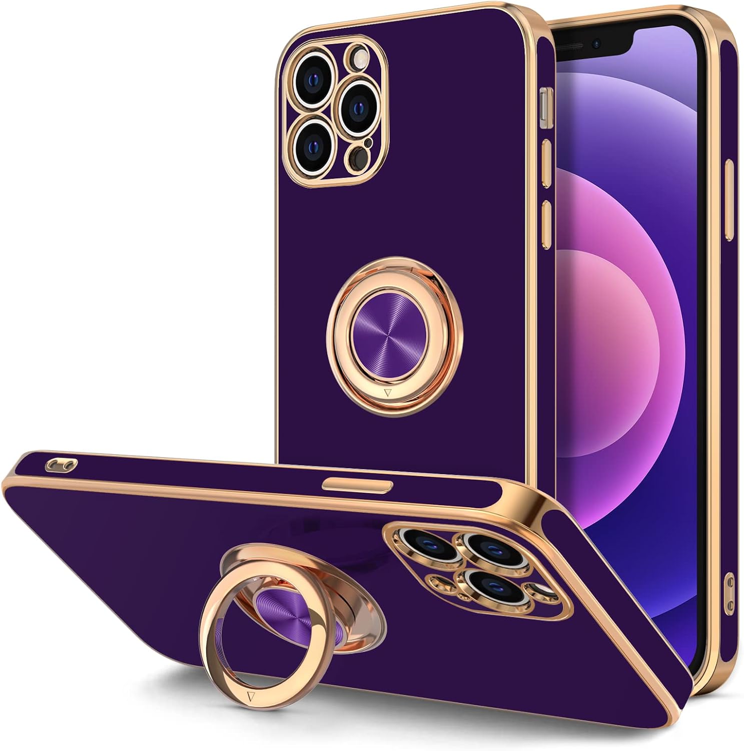 Hython Funda para iPhone 12 Pro Max con soporte de anillo Soporte de anillo giratorio de 360 Soporte magnético Forro de microfibra suave Chapado en