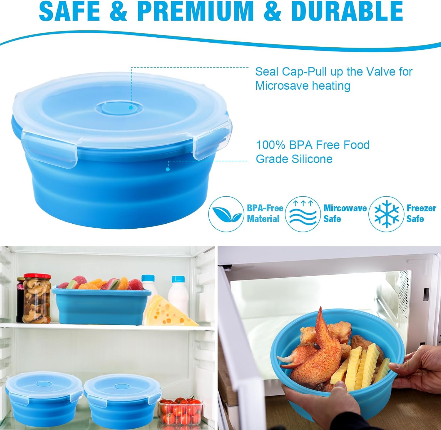 Dandat 12 recipientes plegables de silicona para almacenamiento de alimentos, contenedores plegables de silicona para el almuerzo, 6 rectangulares y