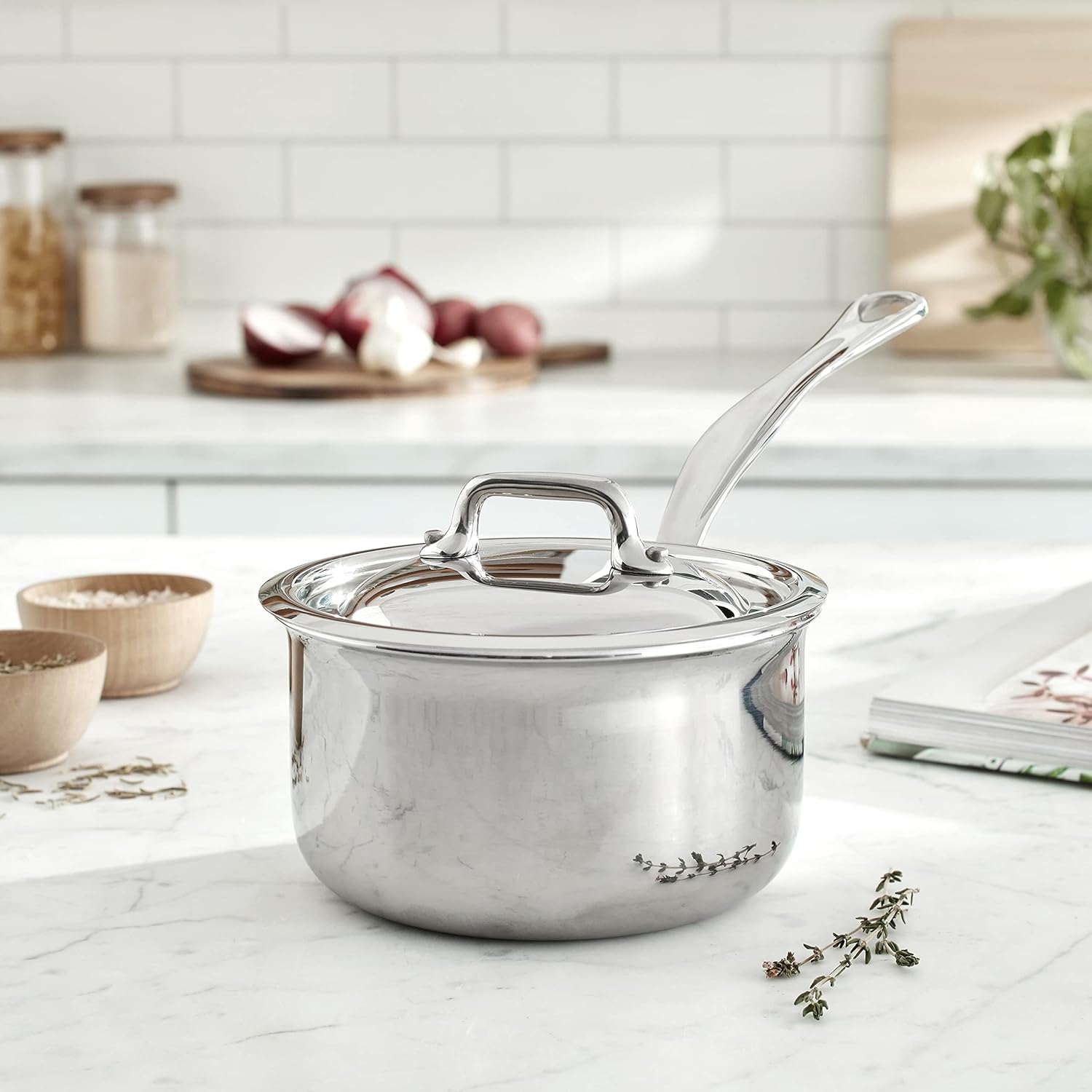 Mauviel M’Cook – Sartén de acero inoxidable pulido de 5 capas con tapa y mango de acero inoxidable fundido, 0.8 cuartos de galón, fabricado en