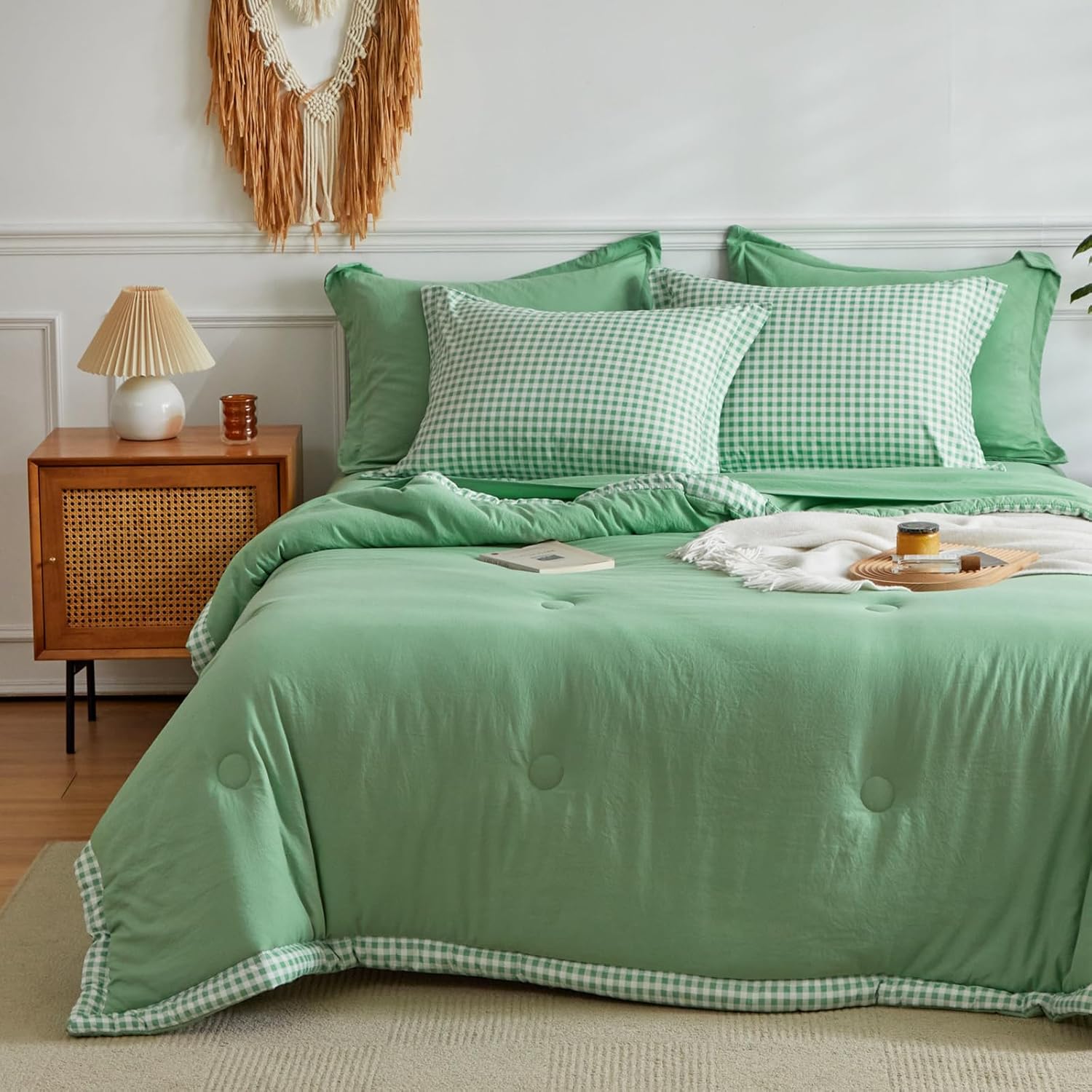 WARMDERN Juego de edredón a cuadros de búfalo tamaño Queen, edredón verde para cama tamaño Queen, edredón ligero y suave de 7 piezas con fundas de