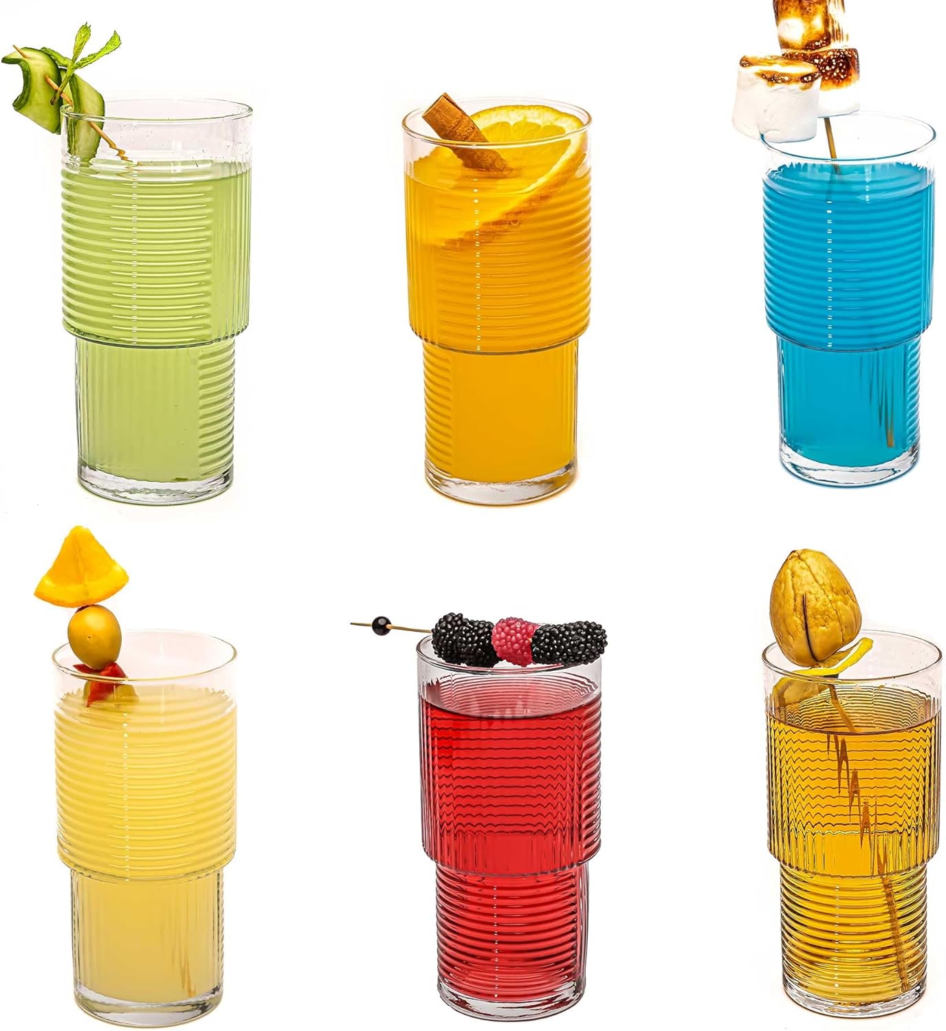Vasos acanalados, taza de vidrio Highball, 6 vasos apilables, vasos de cóctel, cristalería vintage para cóctel, jugo, té helado, agua, café helado,