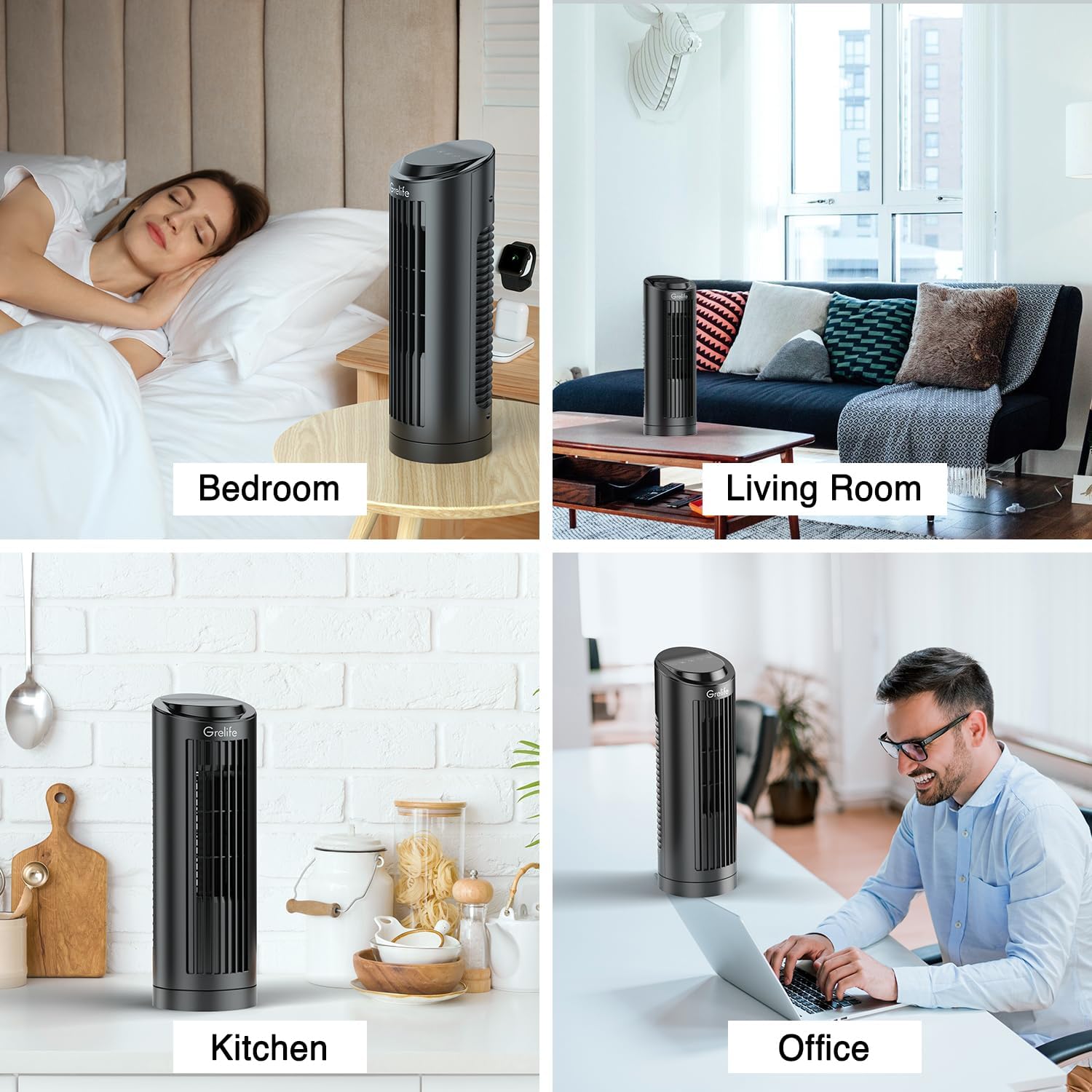 Grelife Ventilador de torre de 13 pulgadas, ventilador de escritorio sin aspas con oscilación de 70, 3 velocidades, 4 modos de viento, pantalla