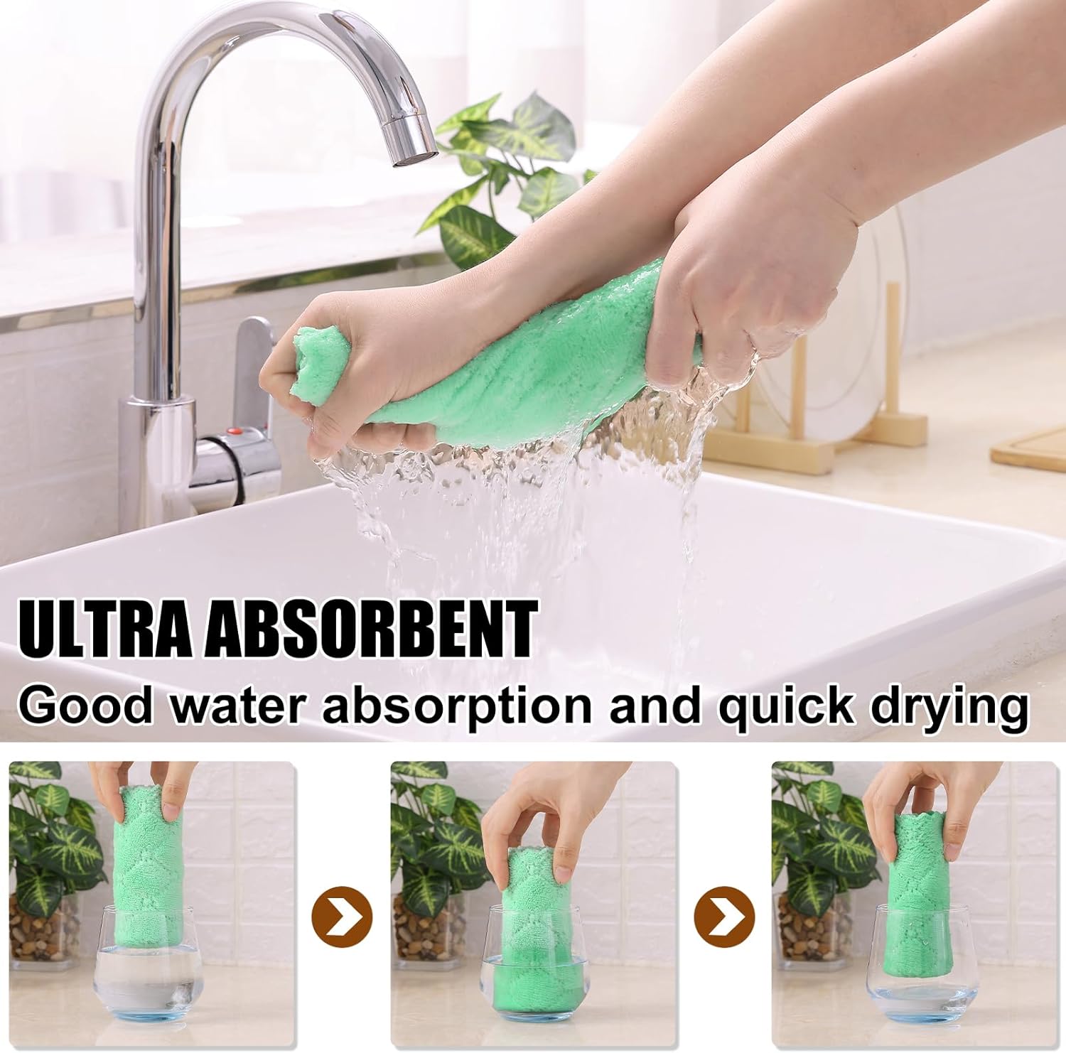 Homaxy Paquete de 12 paños de cocina (10 x 10 pulgadas, verde), paños de cocina de terciopelo coral súper suaves y absorbentes, paños de limpieza de