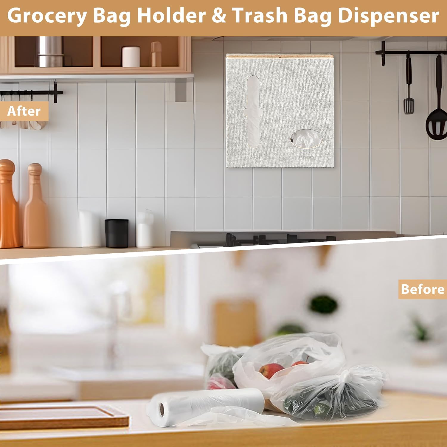 Fanousy Soporte 2 en 1 para bolsas de comestibles y dispensador de bolsas de basura montado en la pared, caja de plástico para bolsa de basura de 13